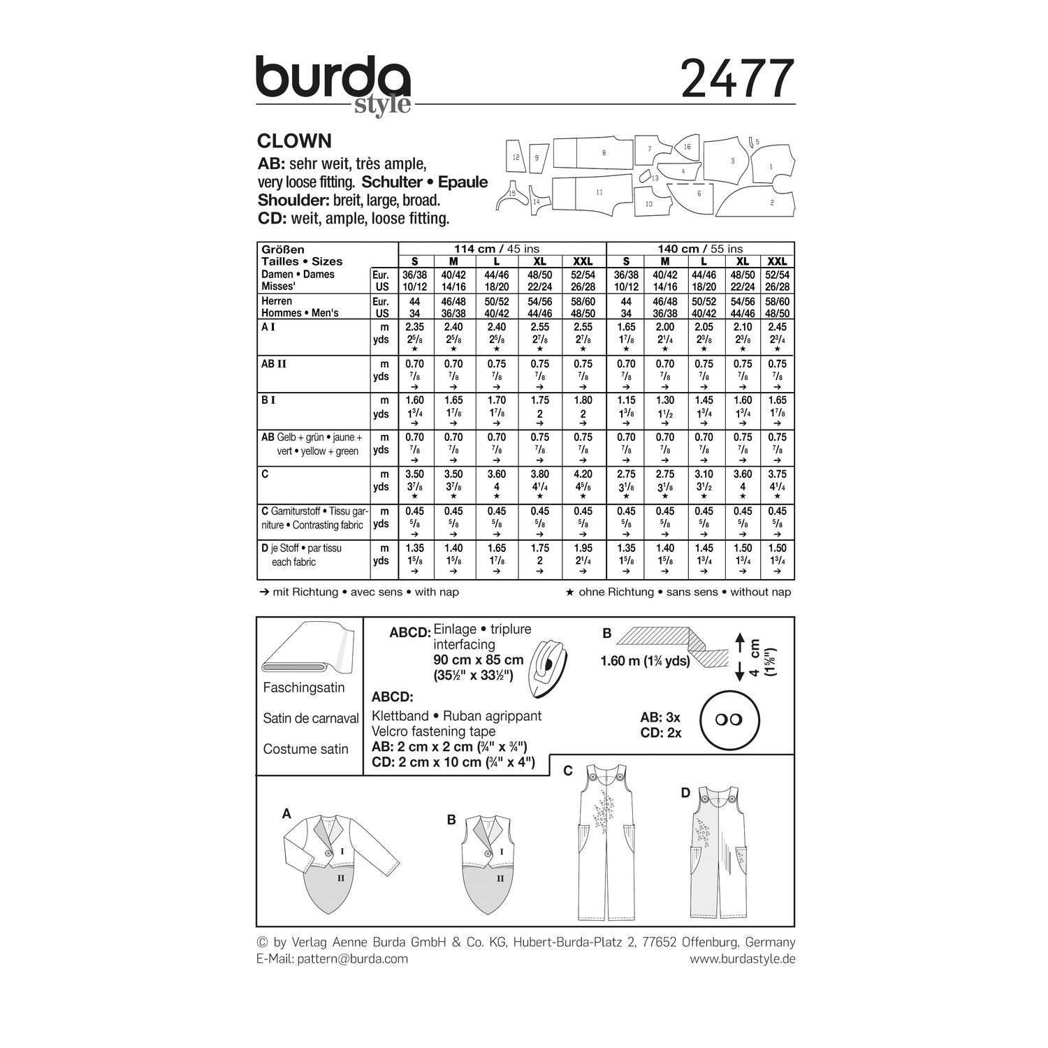 burda style Schnittmuster 2477: Clownskostüm mit Latzhose, Rückseite der Schnittmustertüte mit Stoffverbrauch