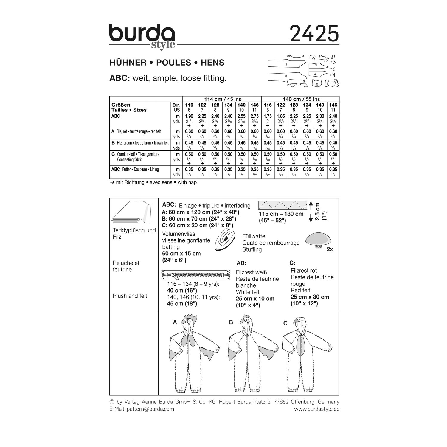 burda style Schnittmuster 2425: Kostüme Hahn, Huhn und Küken, Rückseite der Schnittmustertüte mit Stoffverbrauch