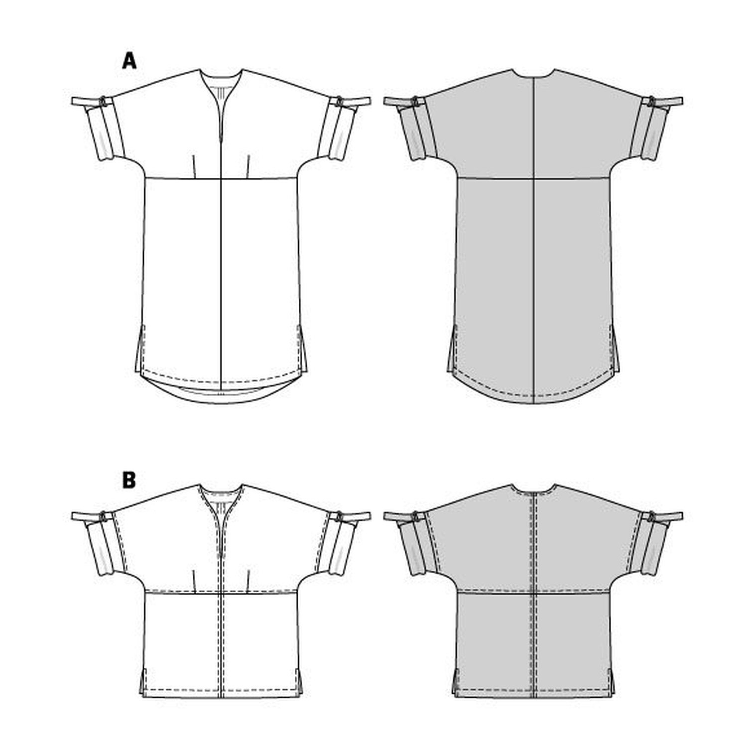 burda style Schnittmuster 5934: Kleid und Bluse mit Krempelärmeln, Technische Zeichnung