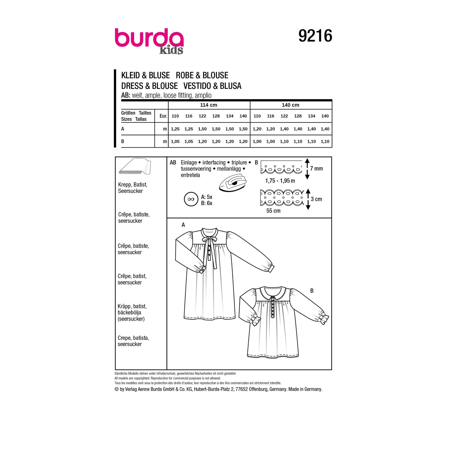 burda style Schnittmuster 9216: Kleid mit Schleife und Bluse, Rückseite der Schnittmustertüte mit Stoffverbrauch