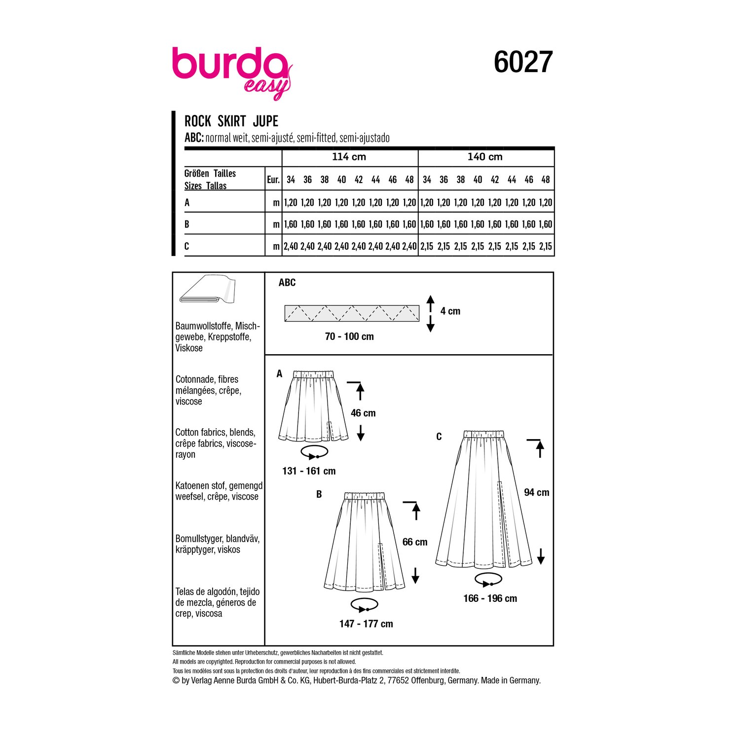 burda style Schnittmuster 6027: Bahnenrock mit Gummizug, Rückseite der Schnittmustertüte mit Stoffverbrauch