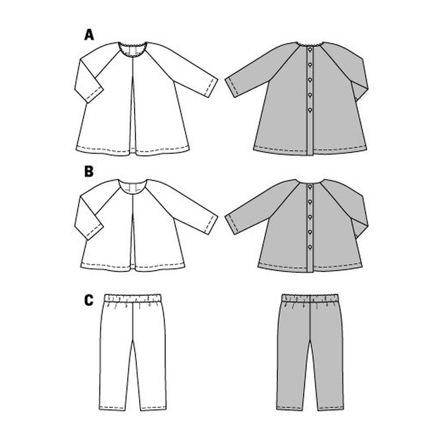 burda style Schnittmuster 9348: Babykleid, Shirt und Hose, Technische Zeichnung