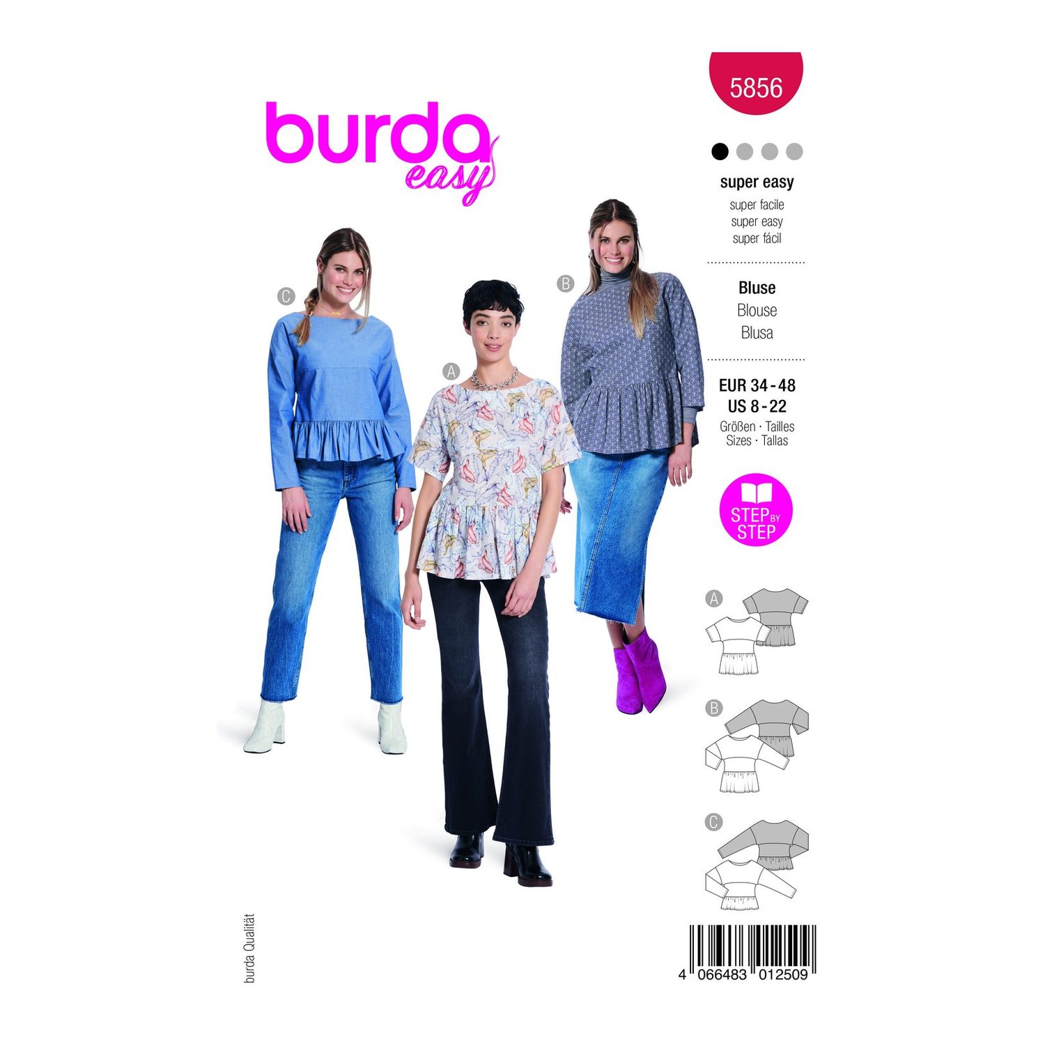 burda style Schnittmuster 5856: Blusenshirt mit Saumrüsche, Modellfoto 1
