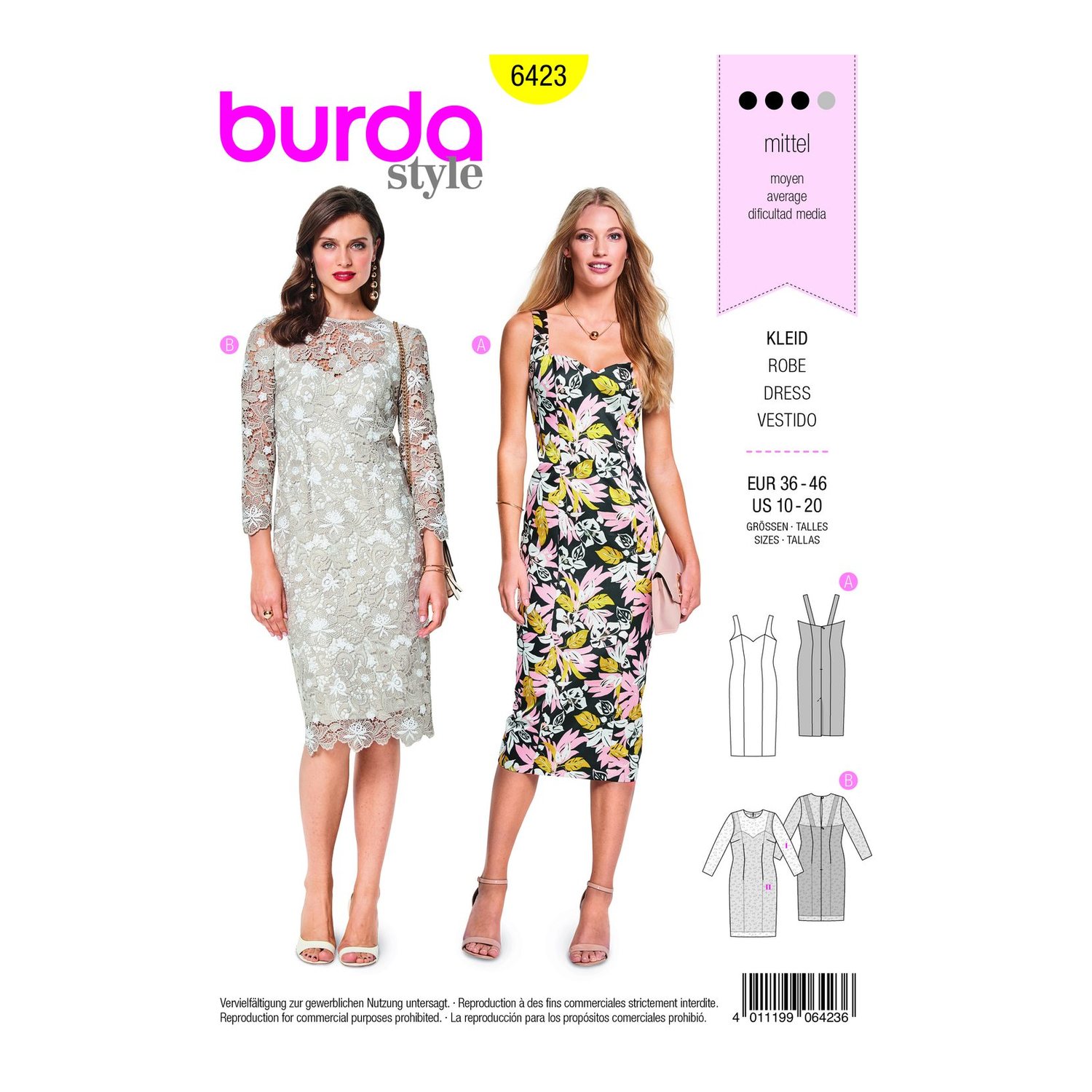 burda style Schnittmuster 6423: Trägerkleid mit Herzausschnitt, Vorderseite der Schnittmustertüte