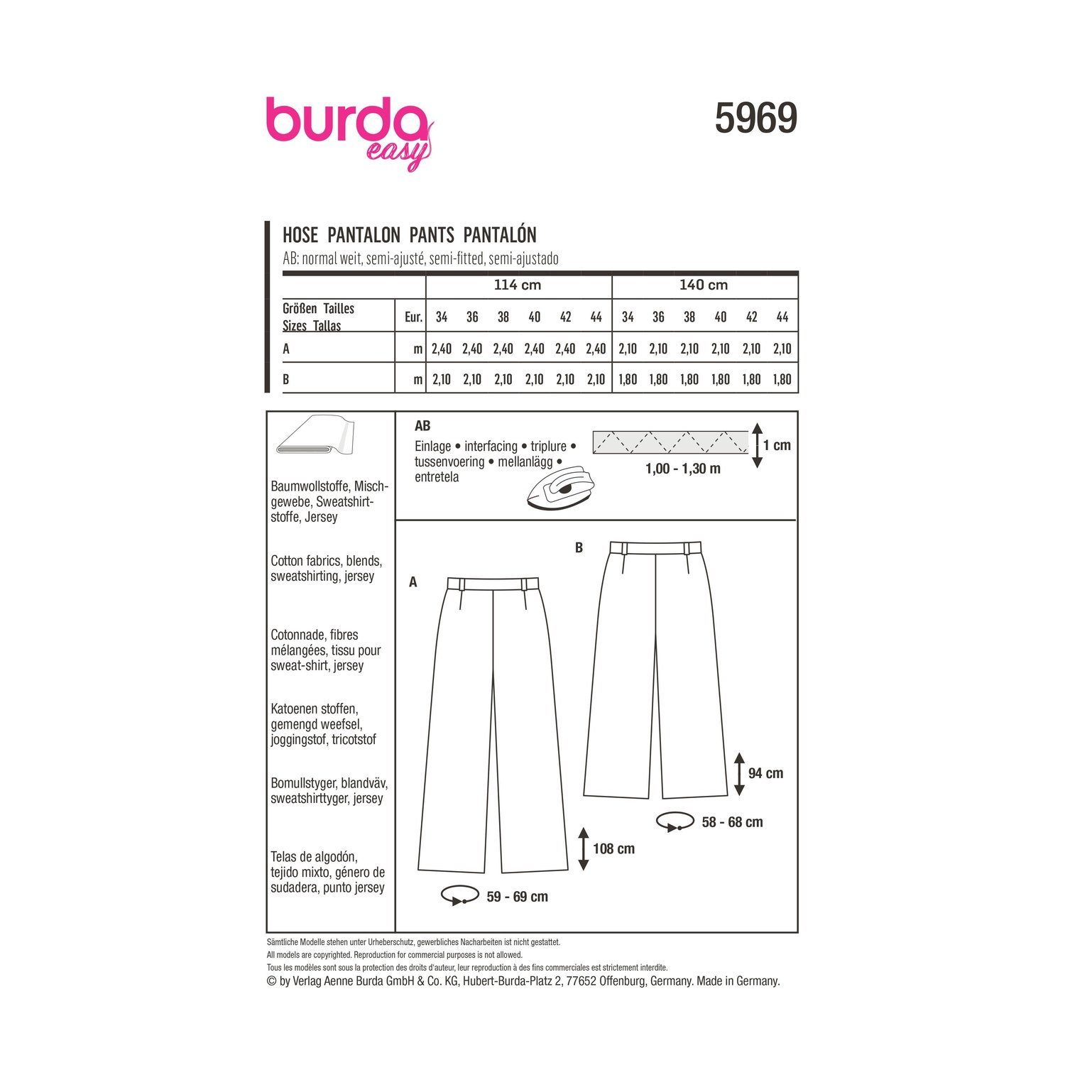 burda style Schnittmuster 5969: Hose und Culotte mit Gummizug, Rückseite der Schnittmustertüte mit Stoffverbrauch