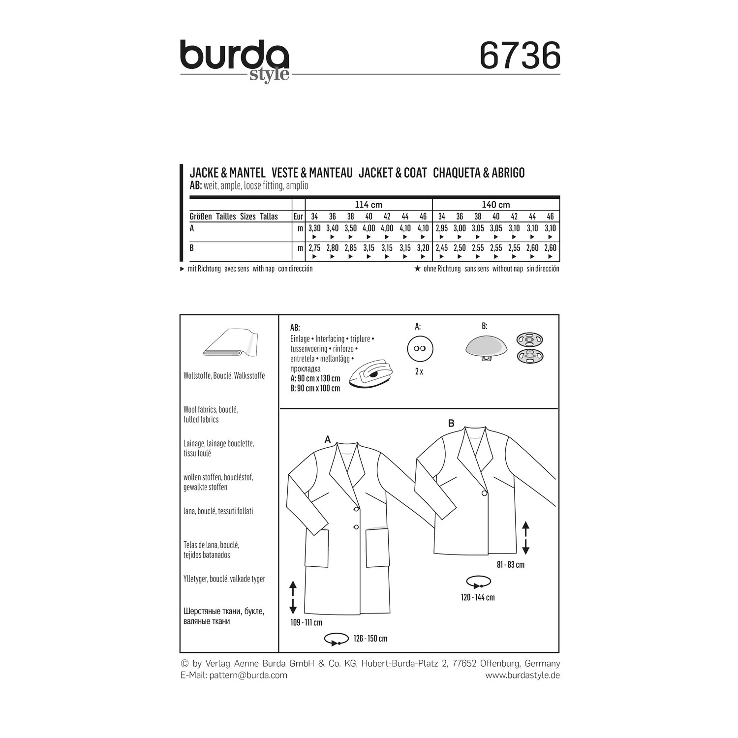 burda style Schnittmuster 6736: Jacke und Mantel mit Spatenkragen, Rückseite der Schnittmustertüte mit Stoffverbrauch