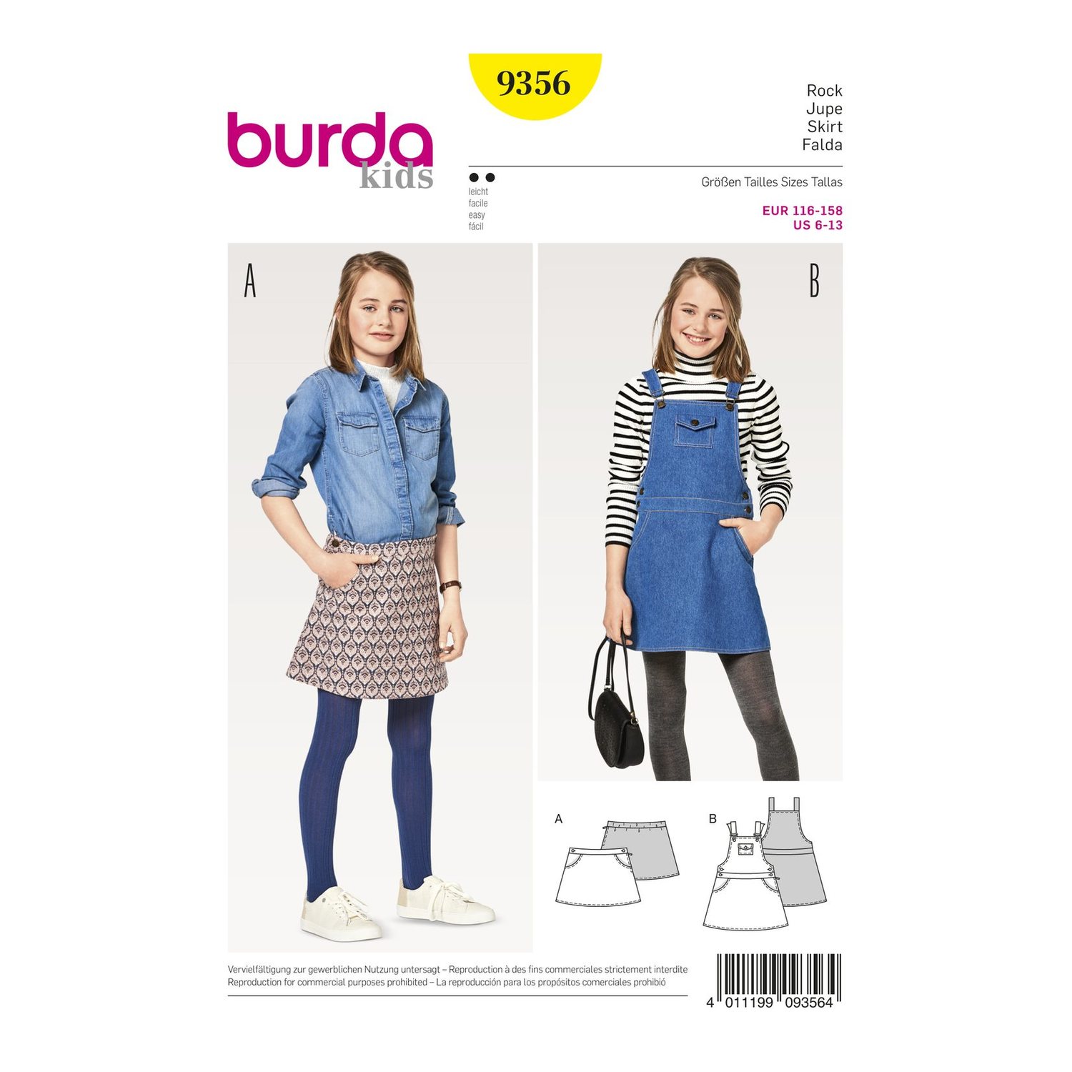 burda style Schnittmuster 9356: Ausgestellter Rock und Latzrock, Modellfoto 1