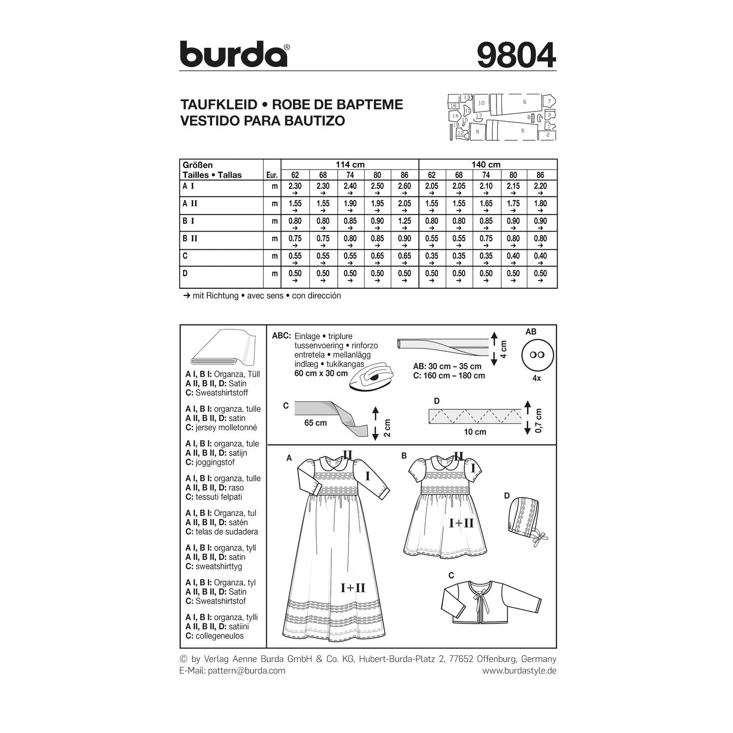 burda style Schnittmuster 9804: Taufkleid mit Bolerojäckchen, Rückseite der Schnittmustertüte mit Stoffverbrauch