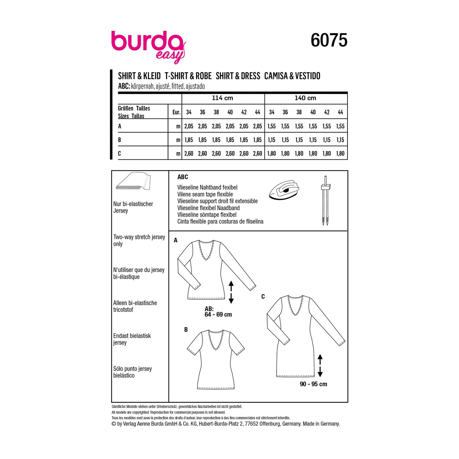 burda style Schnittmuster 6075: Shirt und Kleid mit V-Ausschnitt, Rückseite der Schnittmustertüte mit Stoffverbrauch