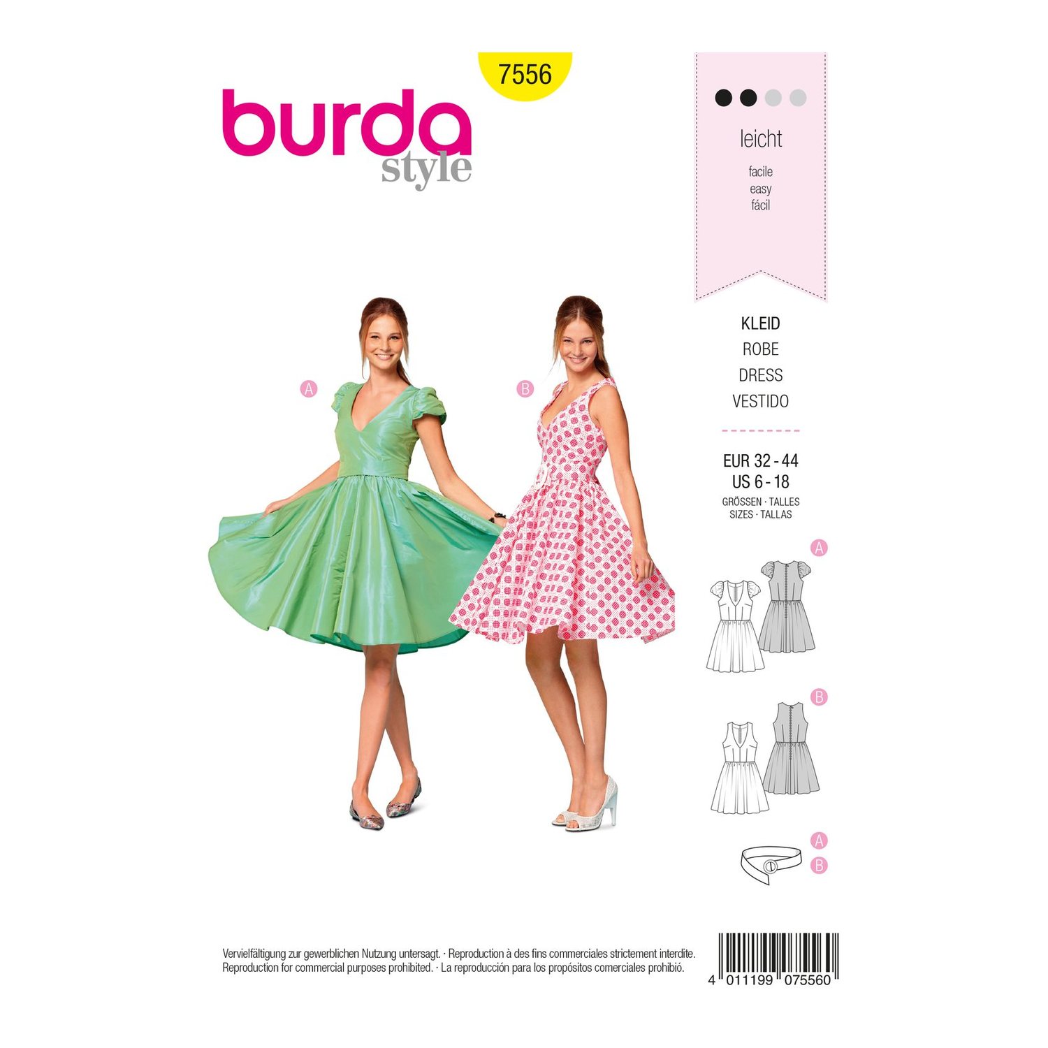 burda style Schnittmuster 7556: Kleid für Damen, Vorderseite der Schnittmustertüte