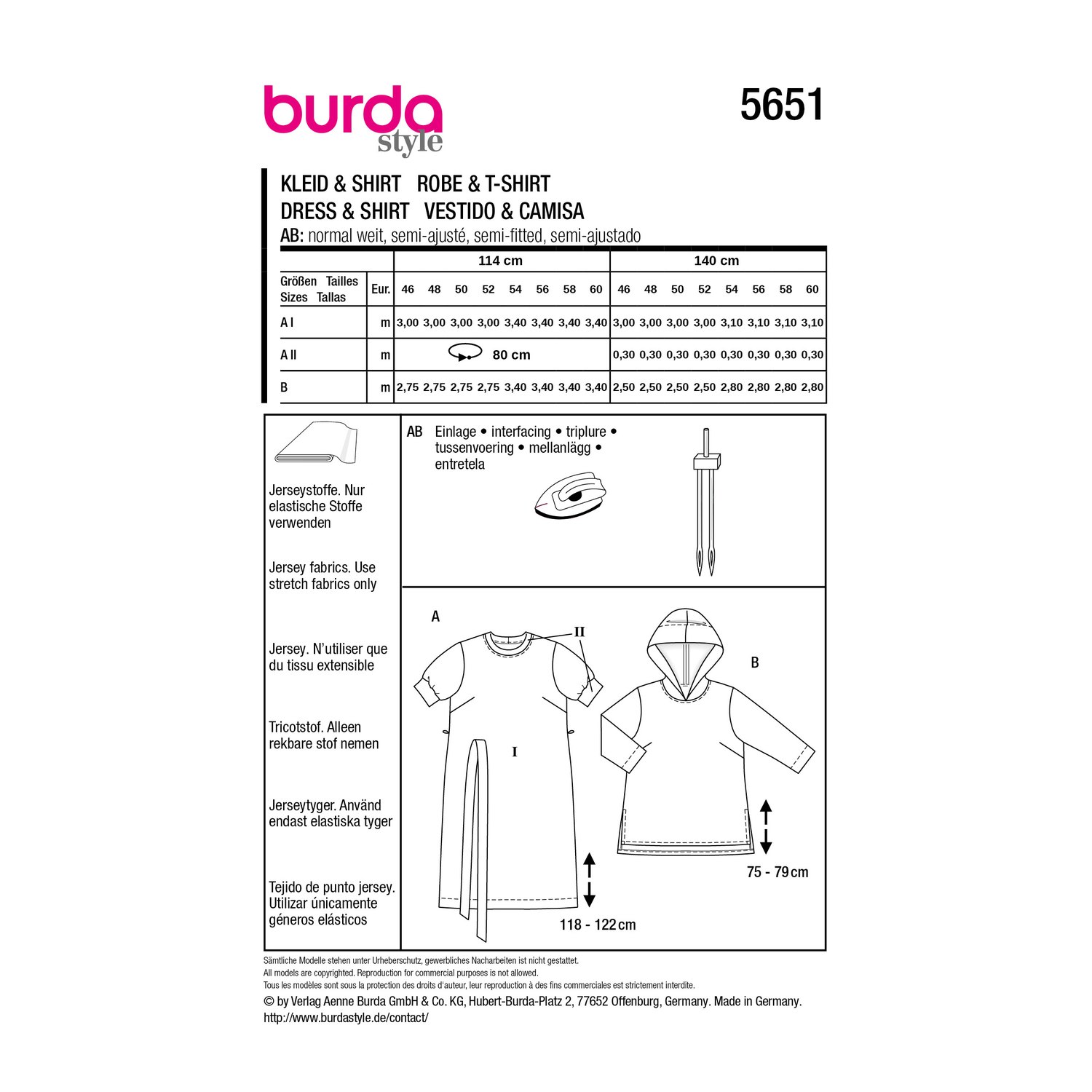 burda style Schnittmuster 5651: Hoodie und T-Shirt-Kleid, Rückseite der Schnittmustertüte mit Stoffverbrauch