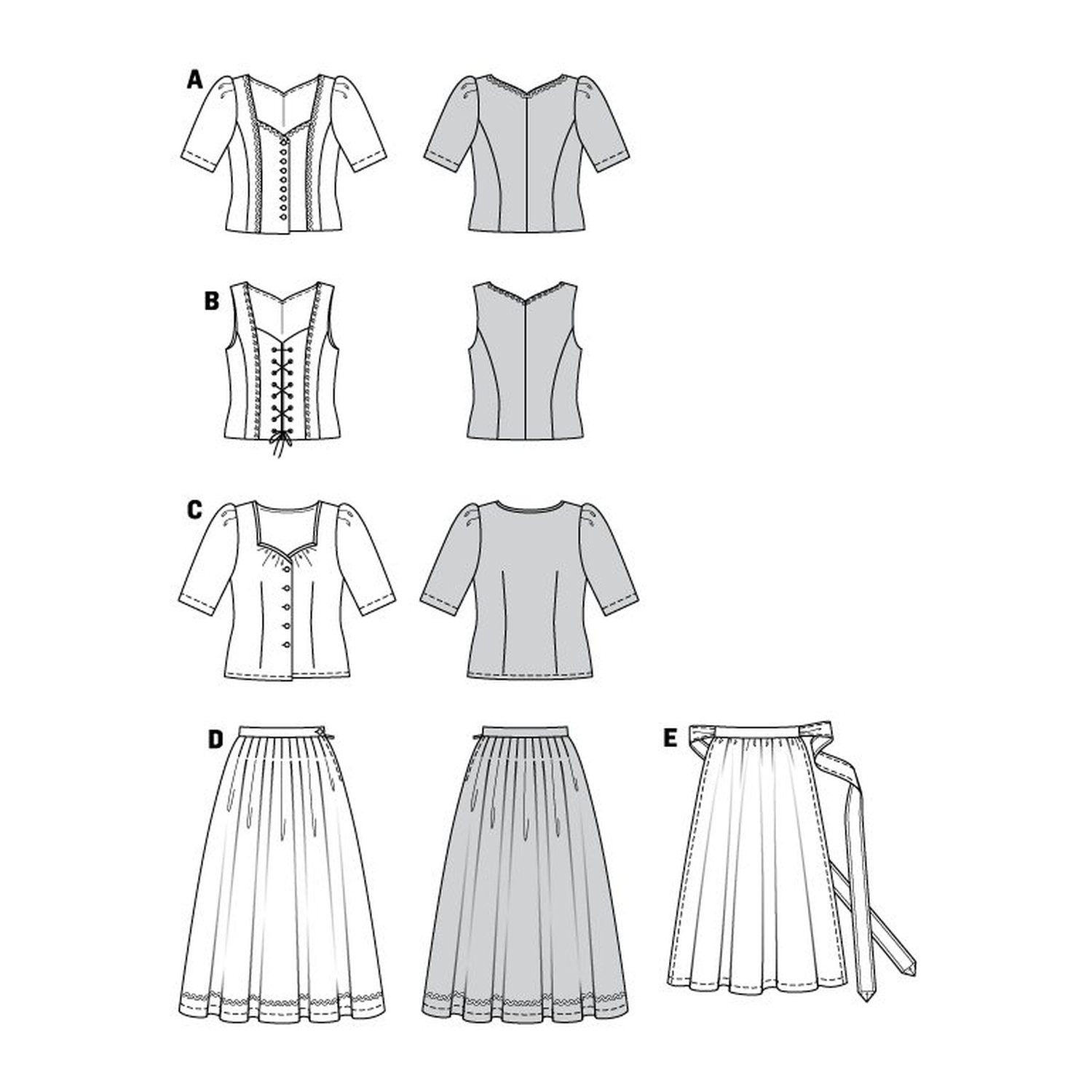 burda style Schnittmuster 7870: Dirndl mit Mieder und Bluse, Technische Zeichnung