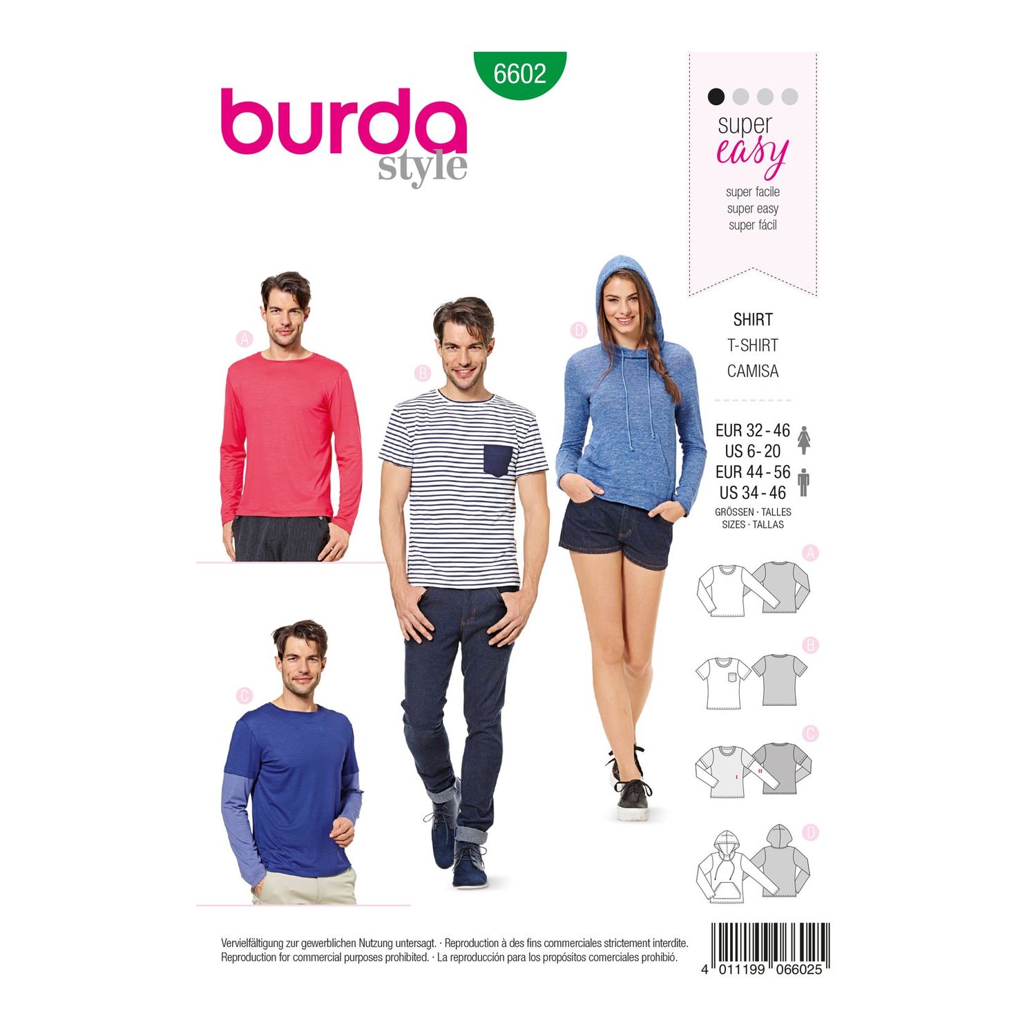 burda style Schnittmuster 6602: Basic-Shirt für Damen und Herren, Vorderseite der Schnittmustertüte