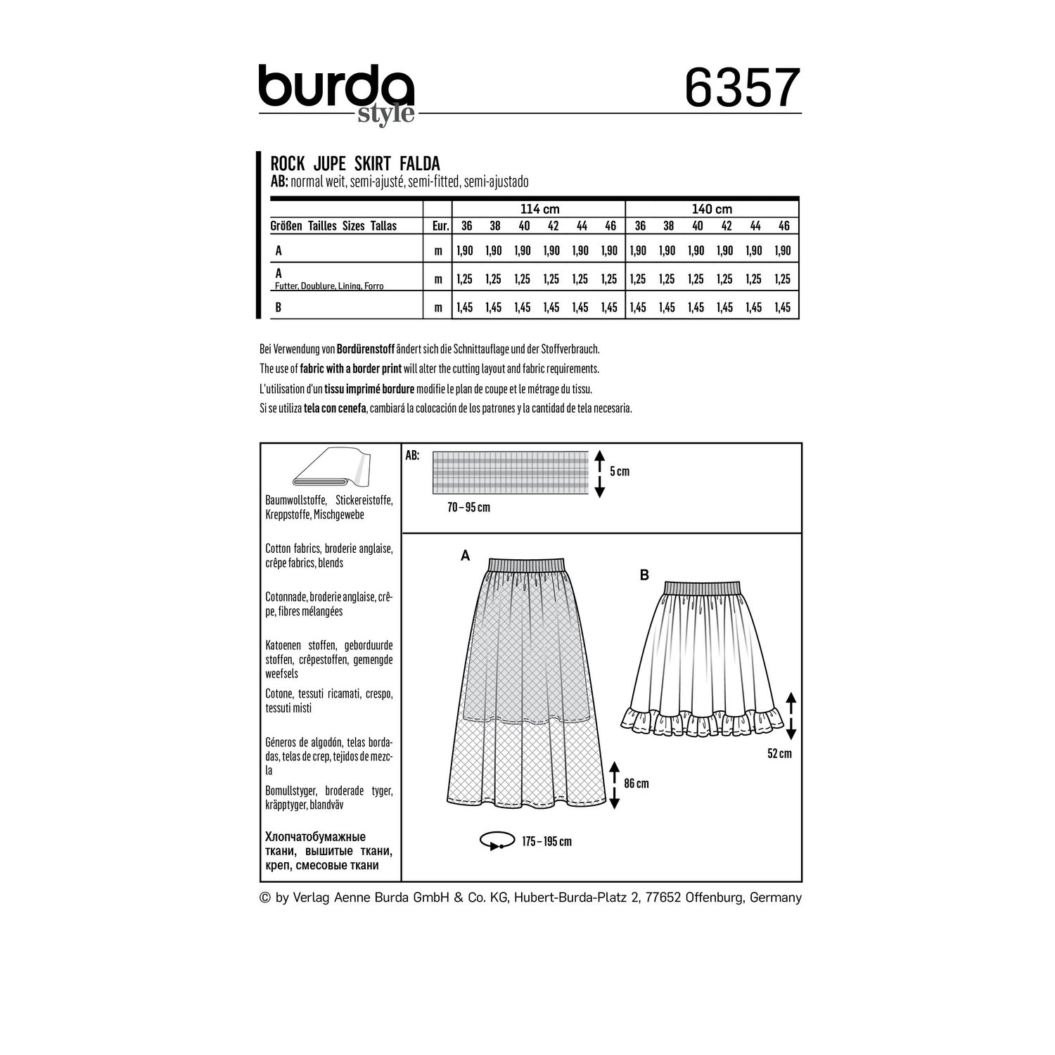burda style Schnittmuster 6357: Rüschenrock und Tüllrock, Rückseite der Schnittmustertüte mit Stoffverbrauch