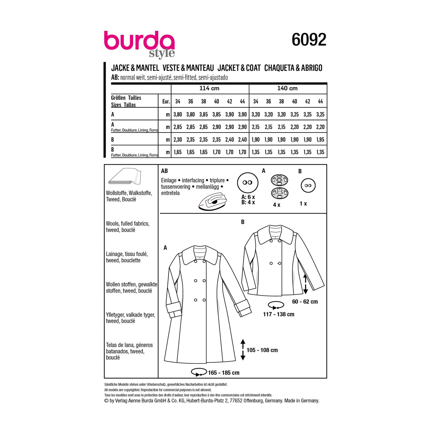 burda style Schnittmuster 6092: Zweireihiger Mantel mit großem Kragen, Rückseite der Schnittmustertüte mit Stoffverbrauch