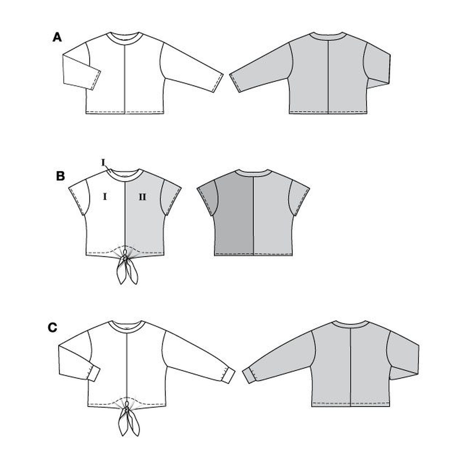 burda style Schnittmuster 5763: Shirts mit Knotendetail, Technische Zeichnung