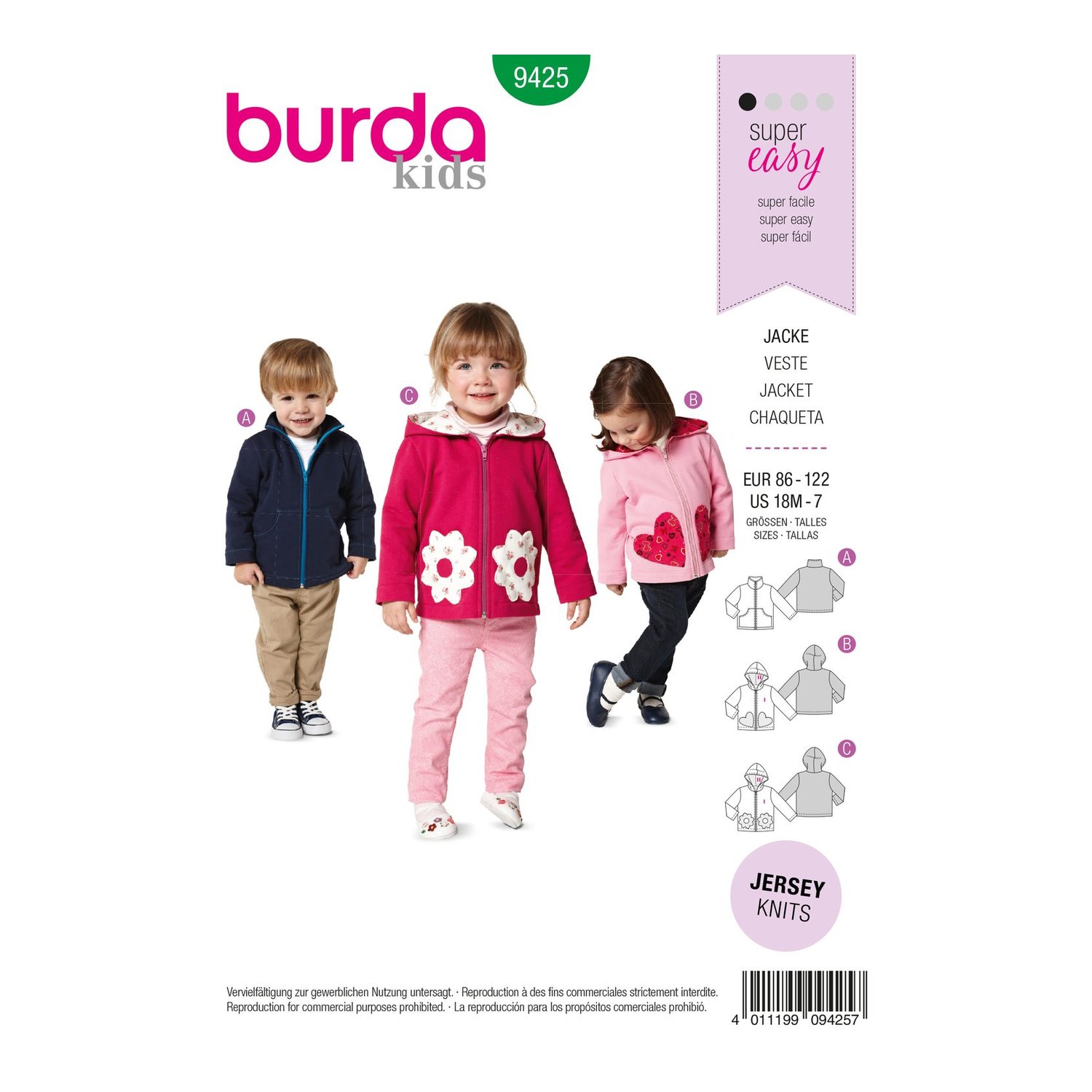 burda style Schnittmuster 9425: Kinderjacke mit Reißverschluss, Vorderseite der Schnittmustertüte