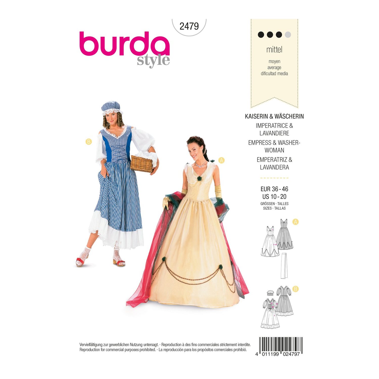 burda style Schnittmuster 2479: Kostümkleider Kaiserin und Wäscherin, Vorderseite der Schnittmustertüte