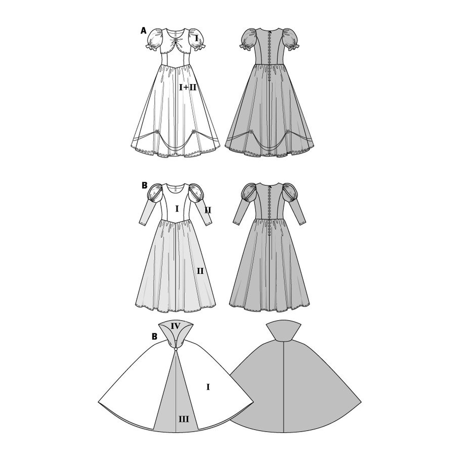 burda style Schnittmuster 2480: Kleider Prinzessin und Schneewittchen, Technische Zeichnung