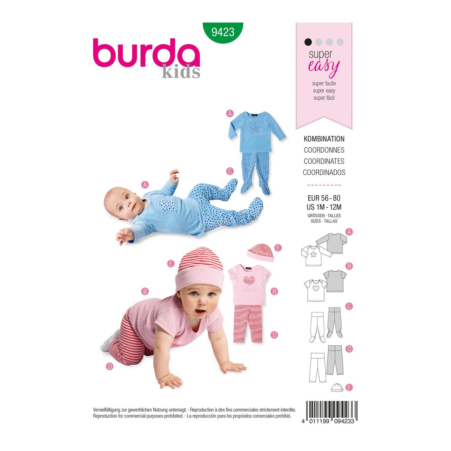 burda style Schnittmuster 9423: Babyshirt, Hose und Mütze, Vorderseite der Schnittmustertüte