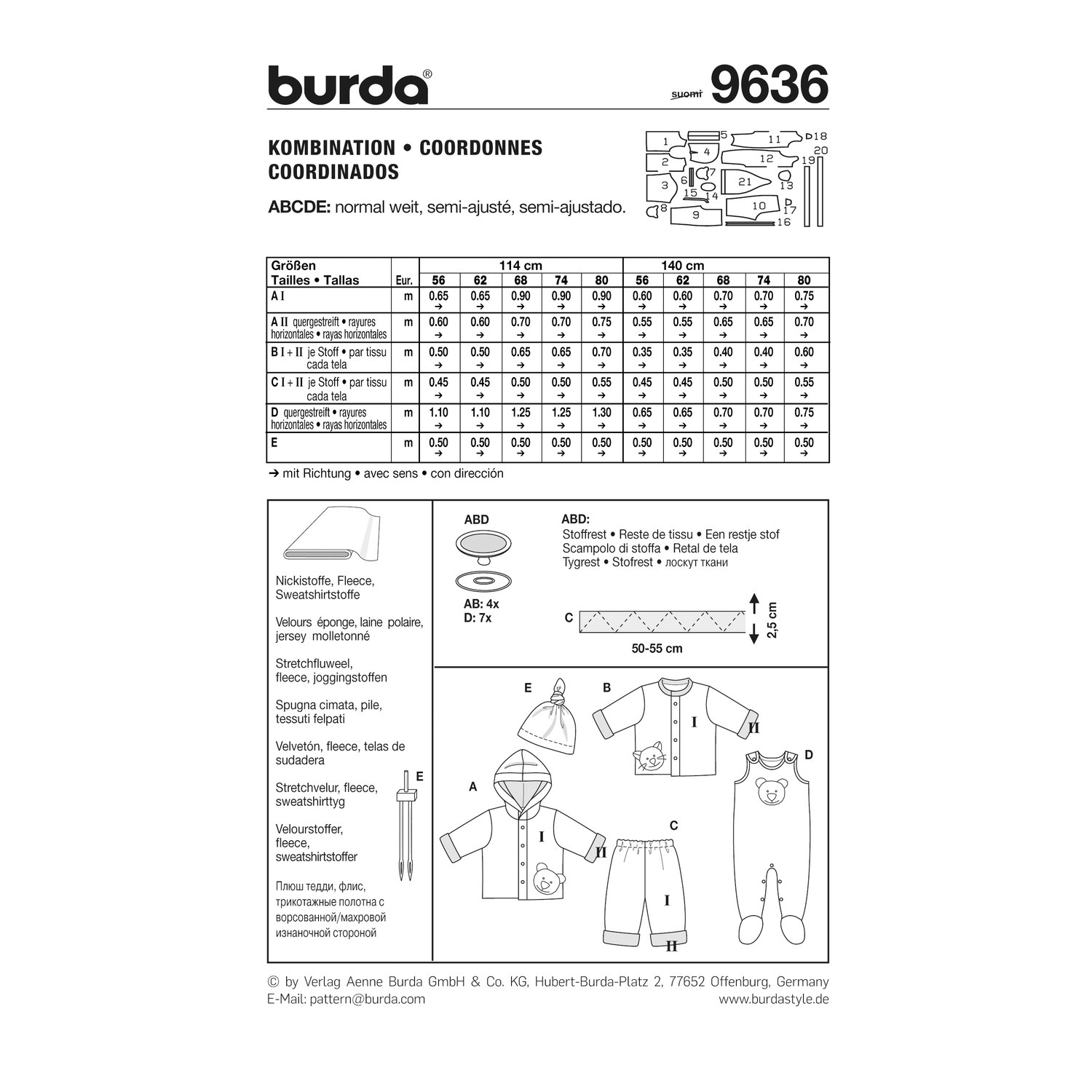 burda style Schnittmuster 9636: Babyjacke, Hose und Zipfelmütze, Rückseite der Schnittmustertüte mit Stoffverbrauch