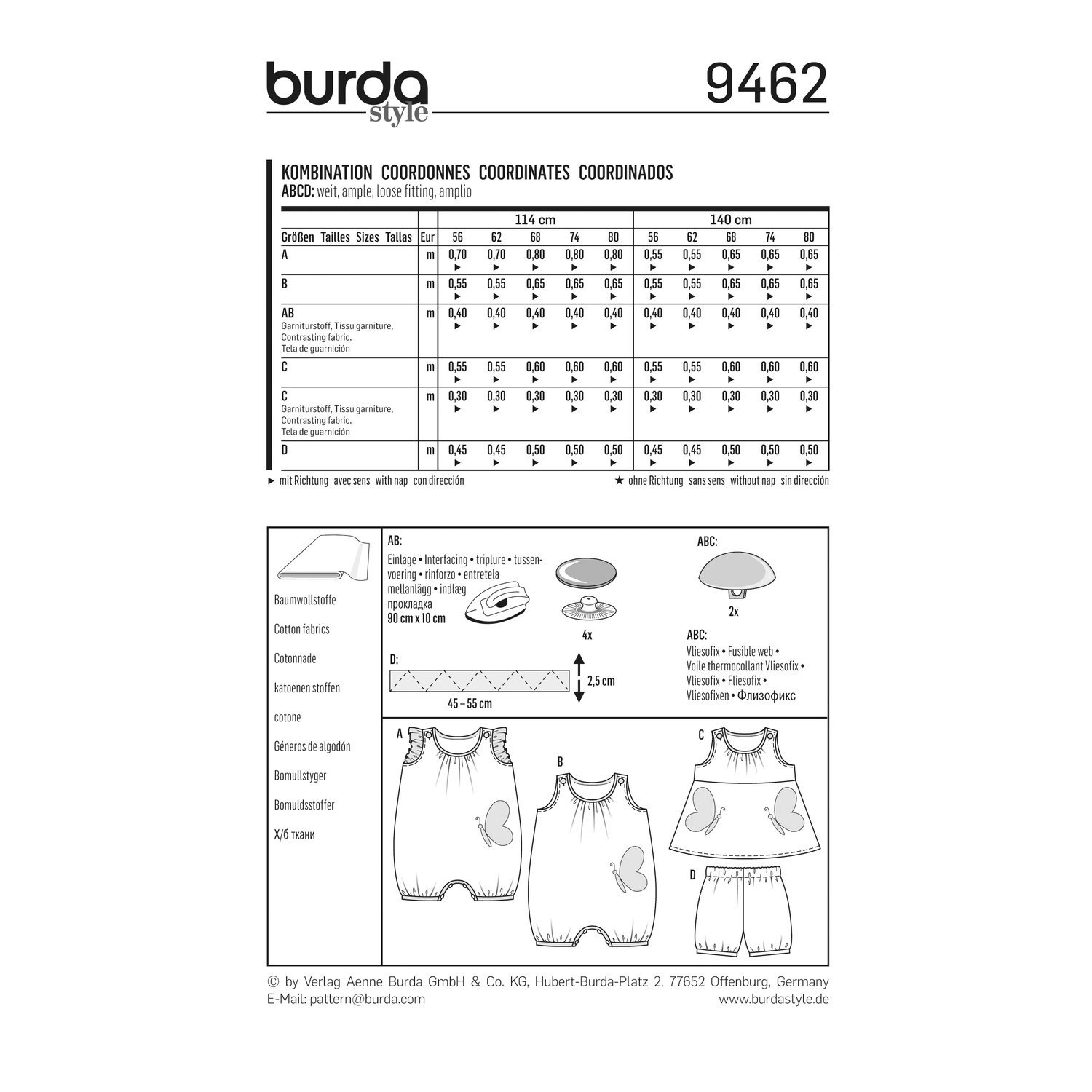 burda style Schnittmuster 9462: Babyoverall, Kleid und Pumphöschen, Rückseite der Schnittmustertüte mit Stoffverbrauch