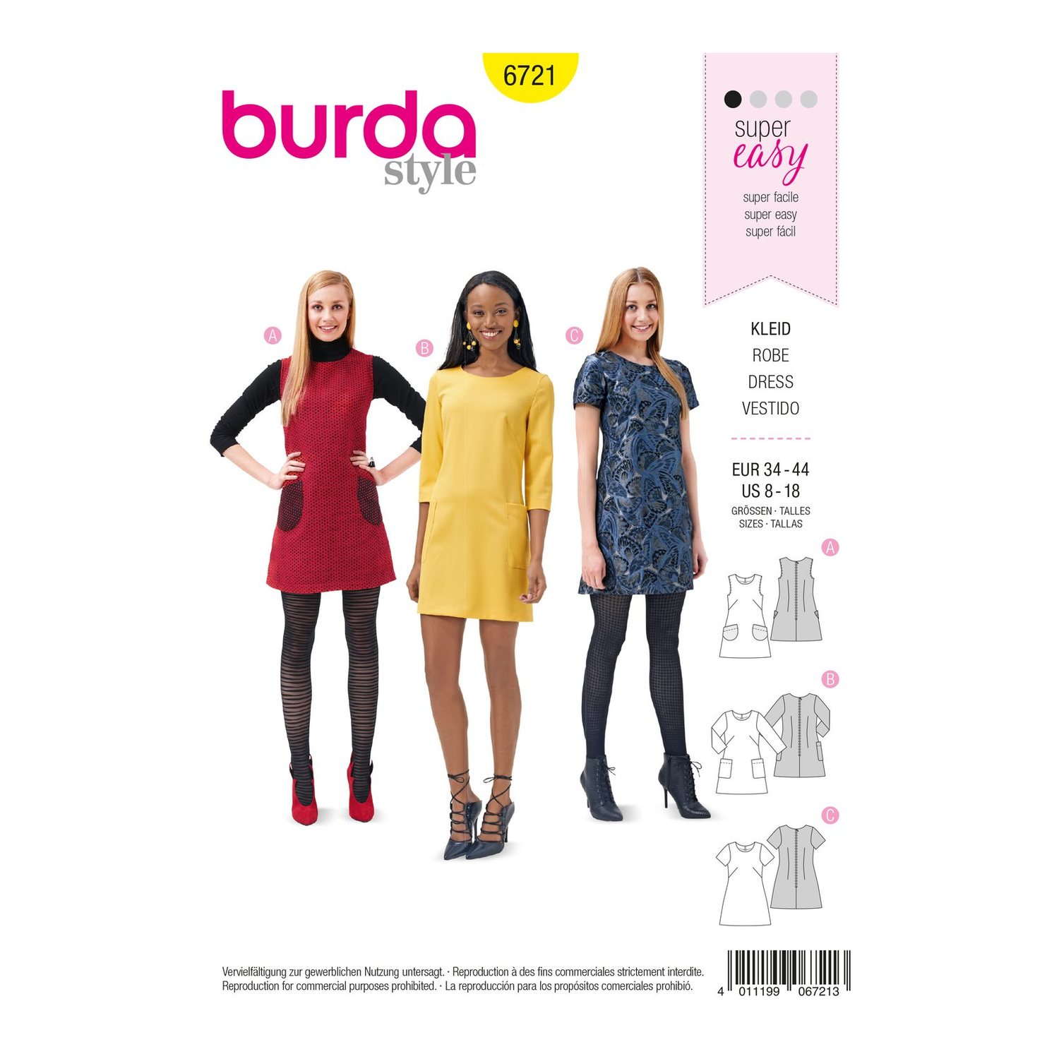 burda style Schnittmuster 6721: Unkompliziertes Kleid mit Ärmelvarianten, Vorderseite der Schnittmustertüte