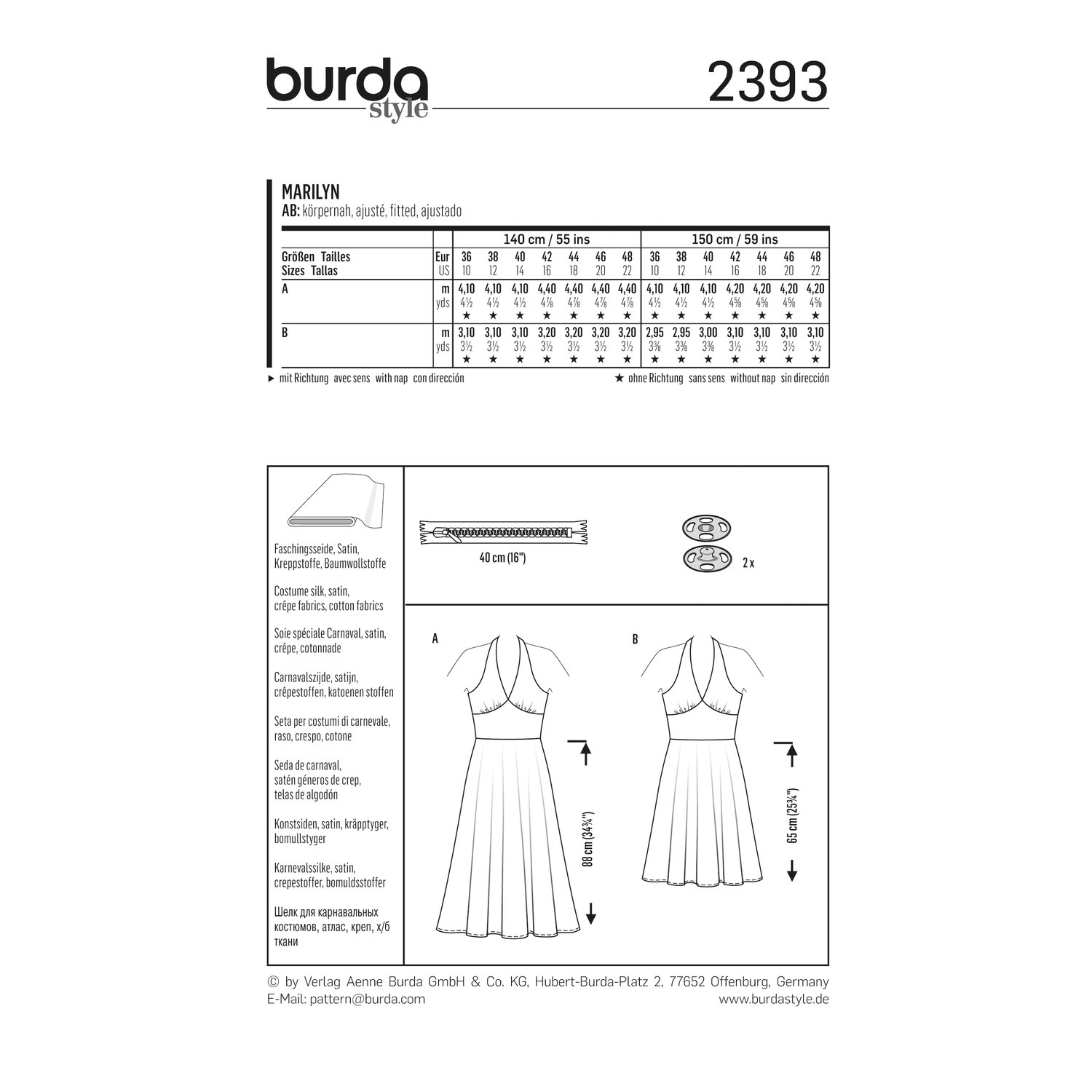 burda style Schnittmuster 2393: Neckholder-Kleid mit Glockenrock, Rückseite der Schnittmustertüte mit Stoffverbrauch