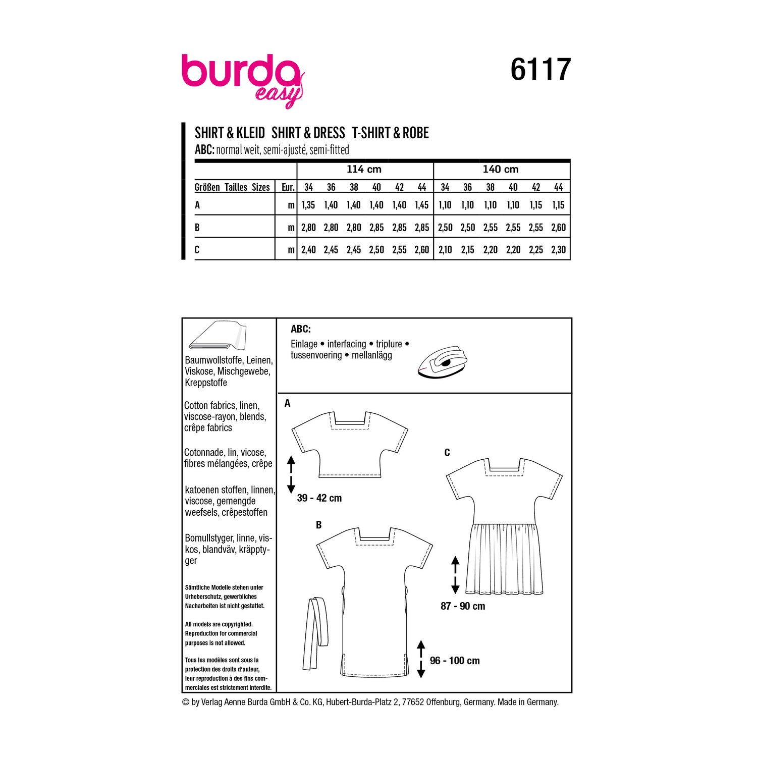 burda style Schnittmuster 6117: Top und Kleid mit Carréeausschnitt, Rückseite der Schnittmustertüte mit Stoffverbrauch