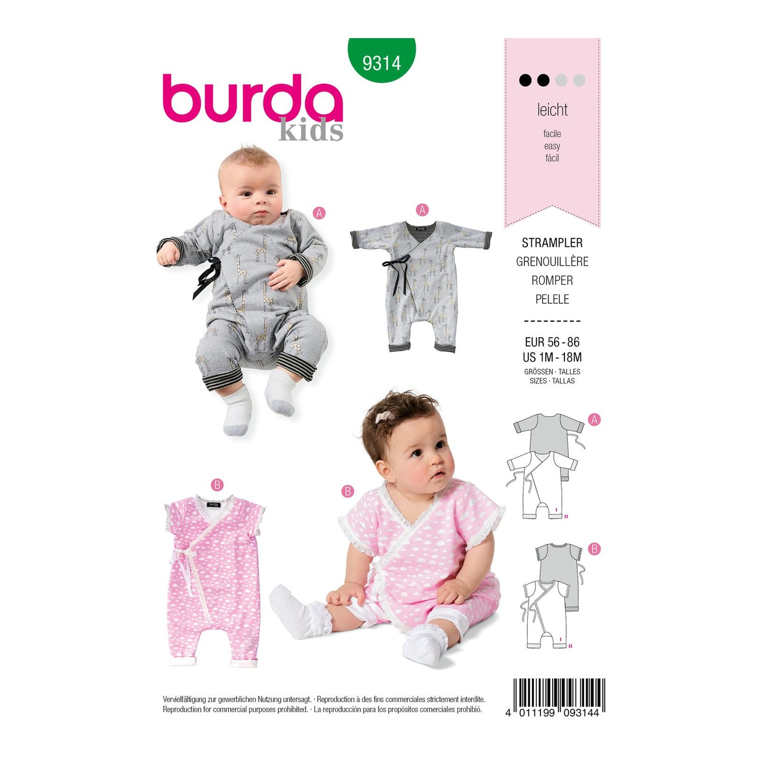 burda style Schnittmuster 9314: Gedoppelter Wickelstrampler, Vorderseite der Schnittmustertüte
