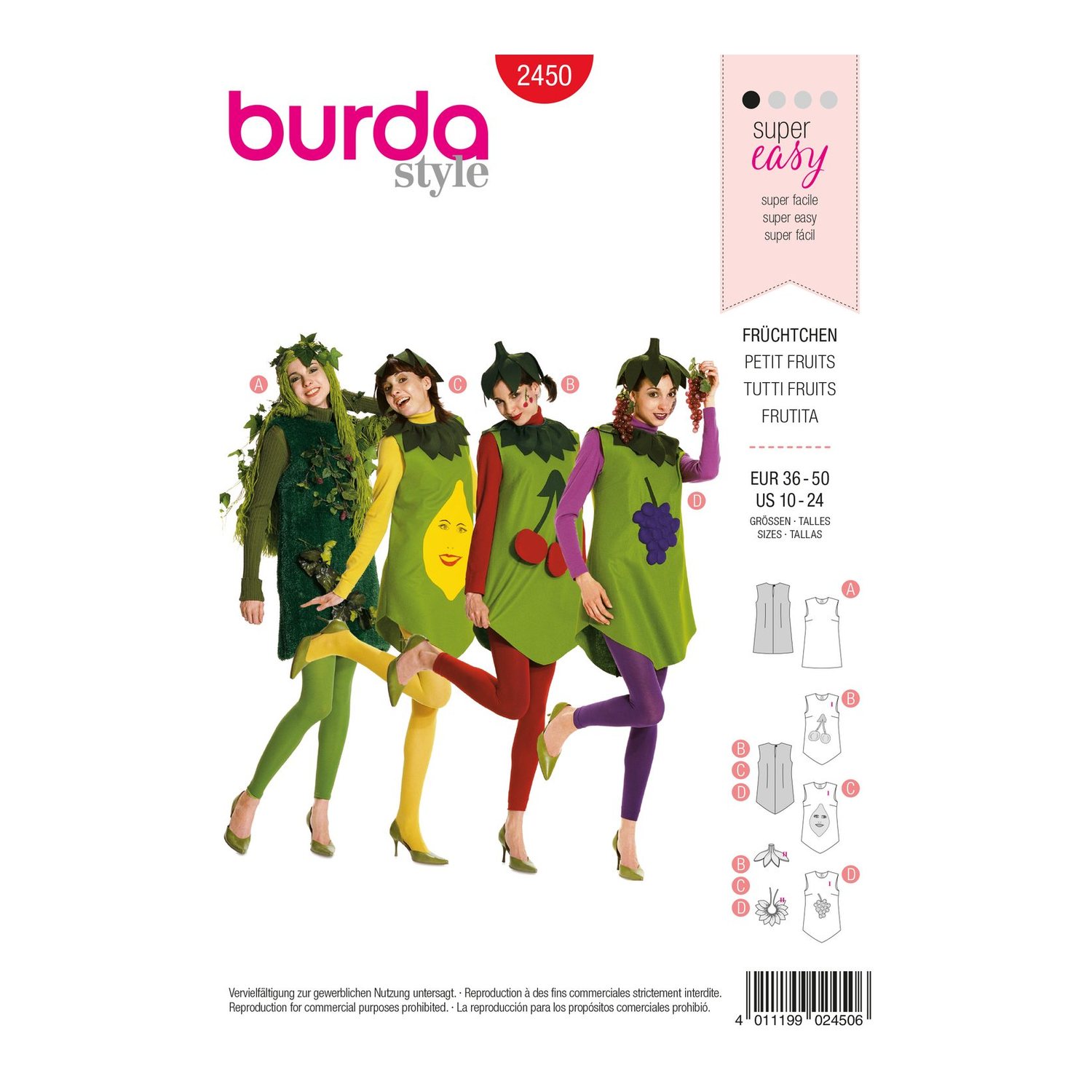 burda style Schnittmuster 2450: Kostümkleid mit Früchte-Dekor, Vorderseite der Schnittmustertüte