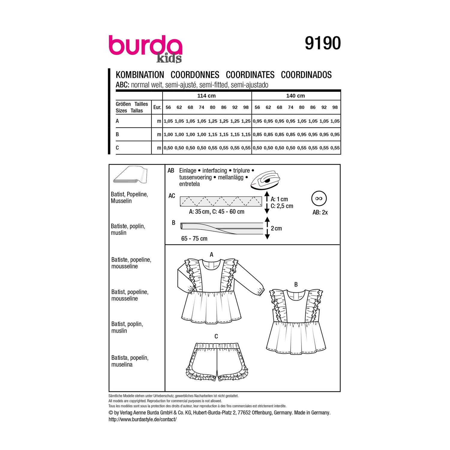 burda style Schnittmuster 9190: Tunika, Top und Shorts, Rückseite der Schnittmustertüte mit Stoffverbrauch