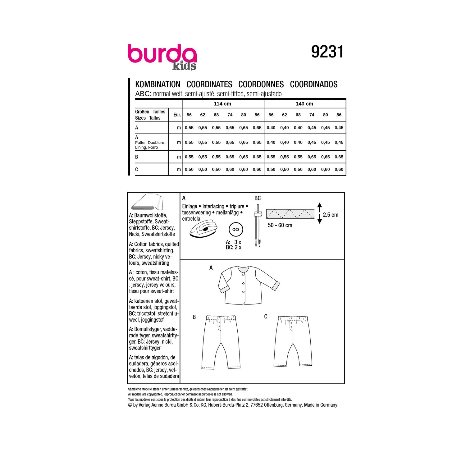 burda style Schnittmuster 9231: Babyjacke und Schlupfhosen, Rückseite der Schnittmustertüte mit Stoffverbrauch