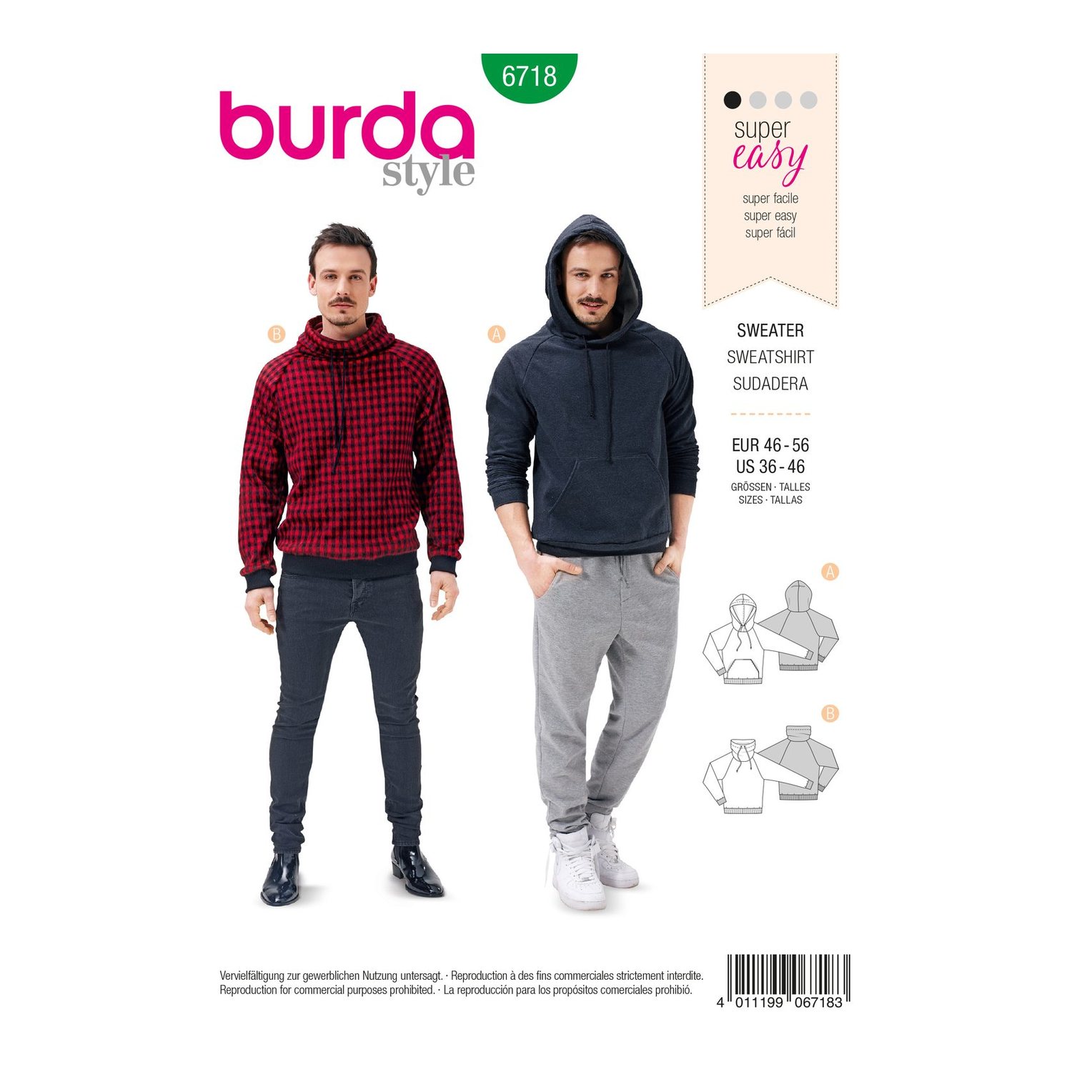 burda style Schnittmuster 6718: Lässiger Herren-Sweater, Vorderseite der Schnittmustertüte