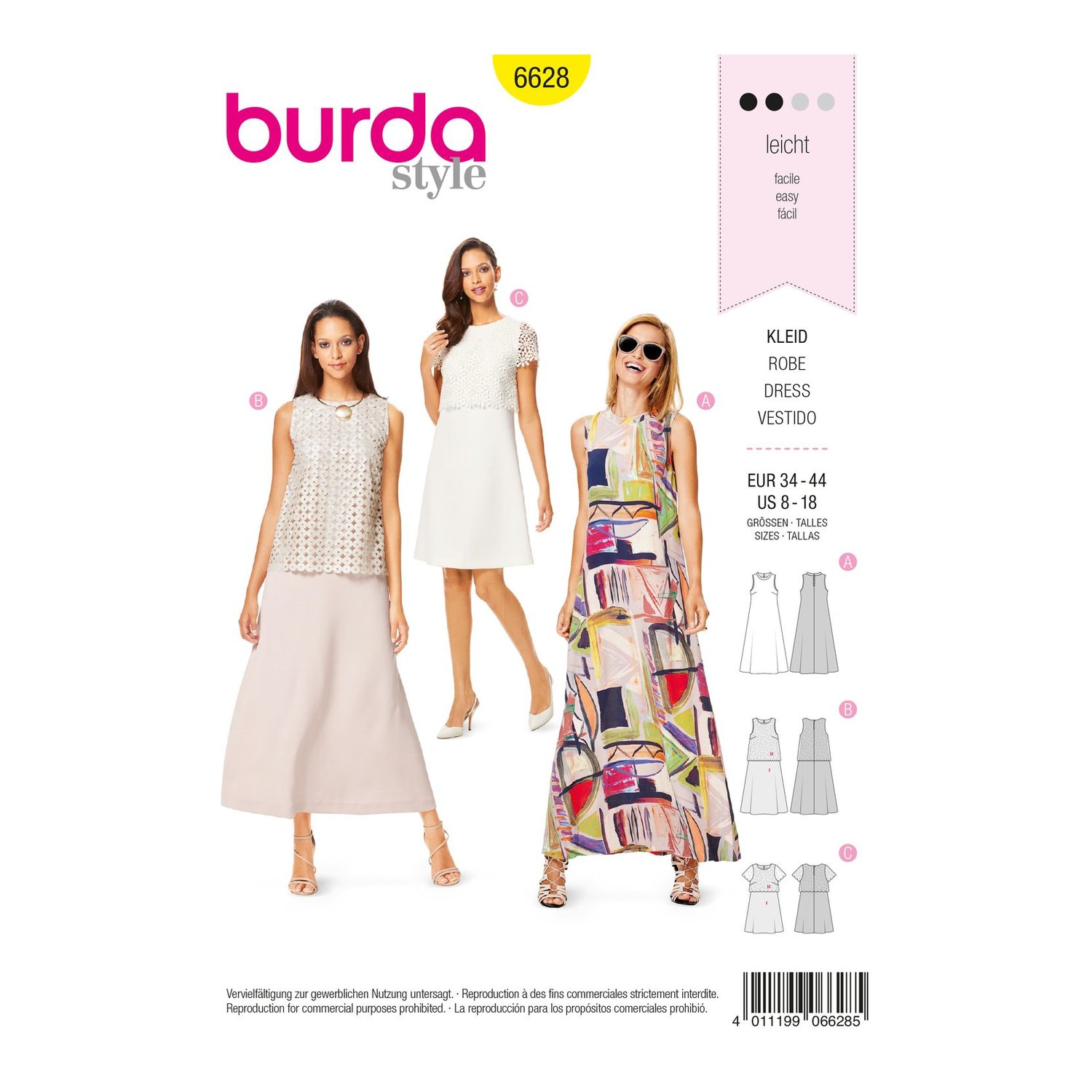 burda style Schnittmuster 6628: Kleid in drei Varianten, Vorderseite der Schnittmustertüte