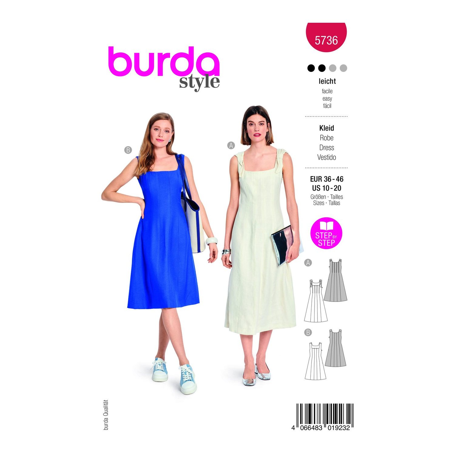 burda style Schnittmuster 5736: Bahnenkleid mit Schleifenträgern, Modellfoto 1