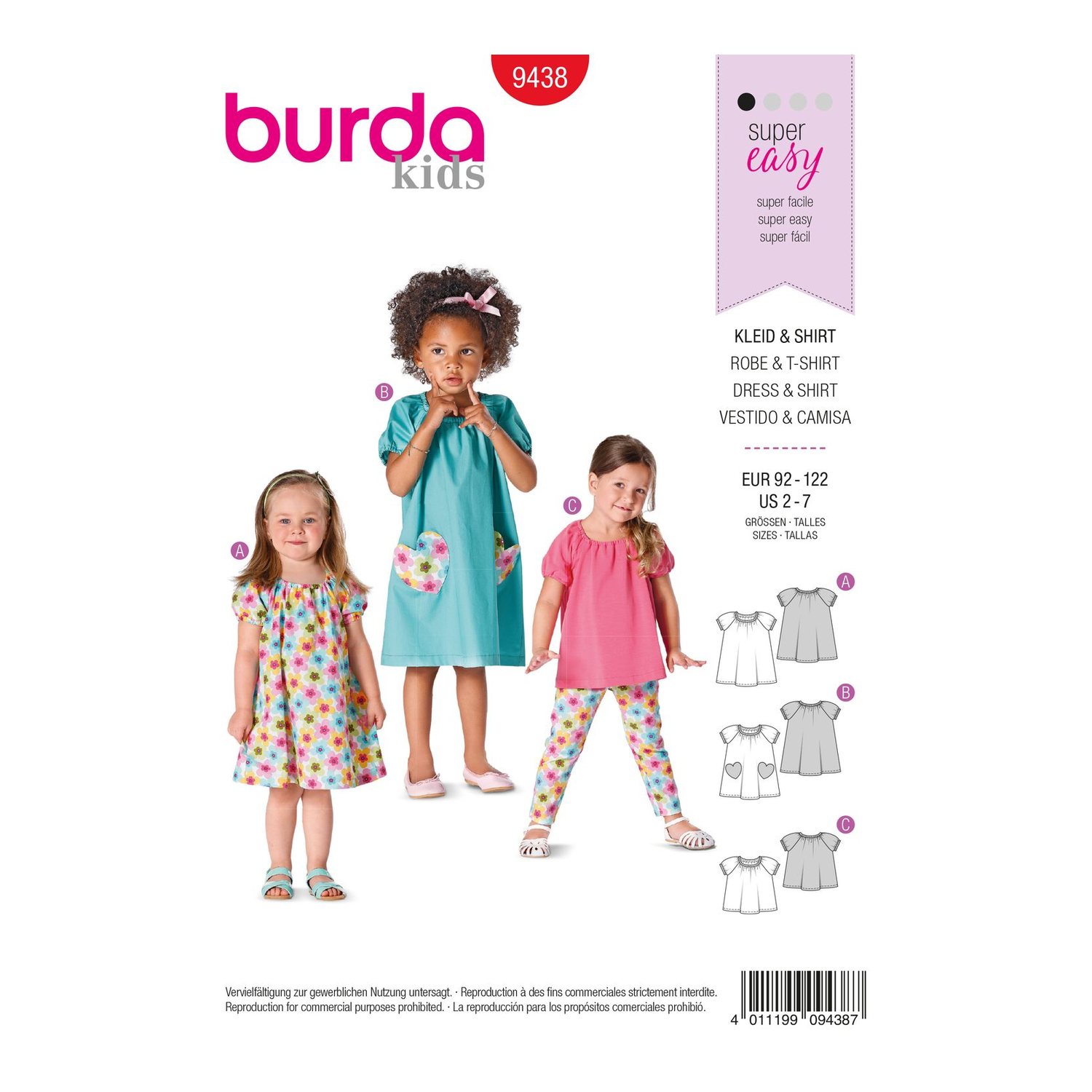 burda style Schnittmuster 9438: Raglankleid und Raglanshirt, Vorderseite der Schnittmustertüte