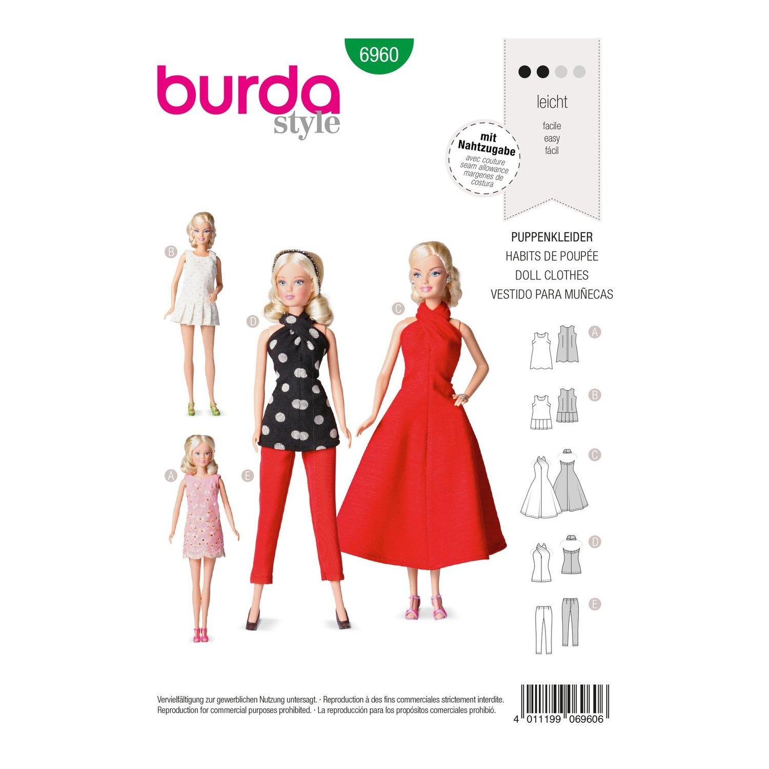 burda style Schnittmuster 6960: Puppenkleider und Puppenhose, Vorderseite der Schnittmustertüte