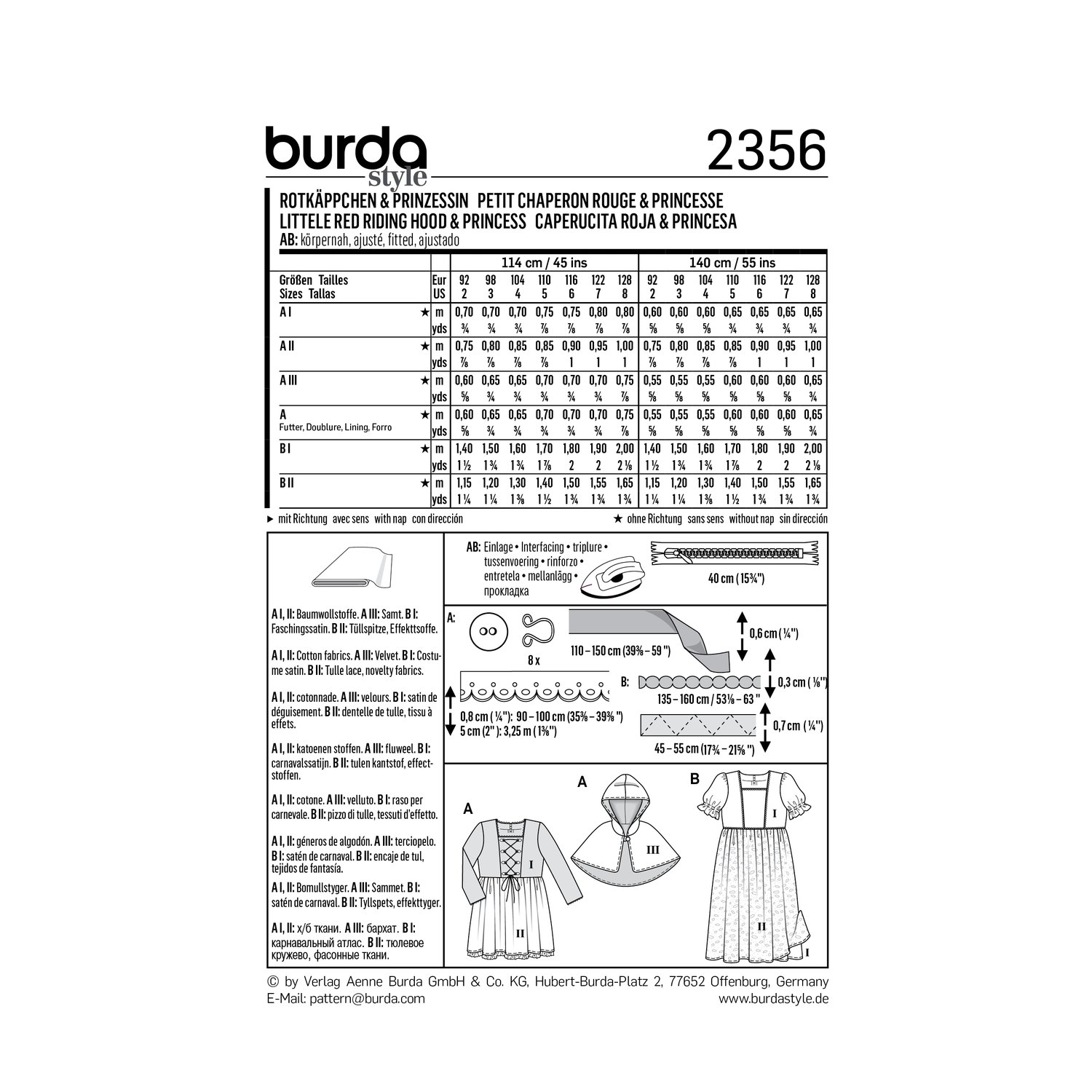 burda style Schnittmuster 2356: Kostüme Rotkäppchen und Prinzessin, Rückseite der Schnittmustertüte mit Stoffverbrauch
