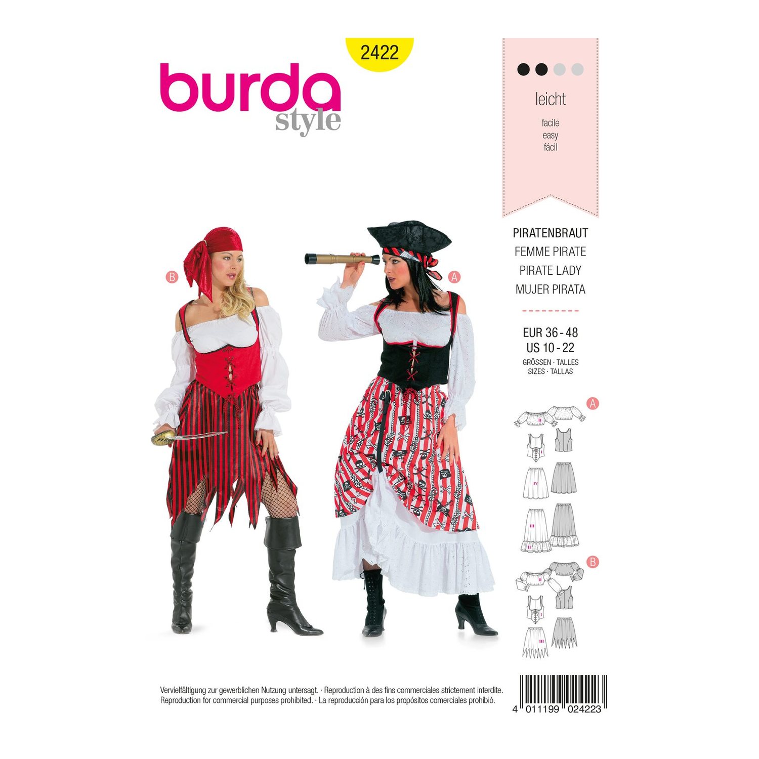 burda style Schnittmuster 2422: Piratenkostüm für Damen, Vorderseite der Schnittmustertüte