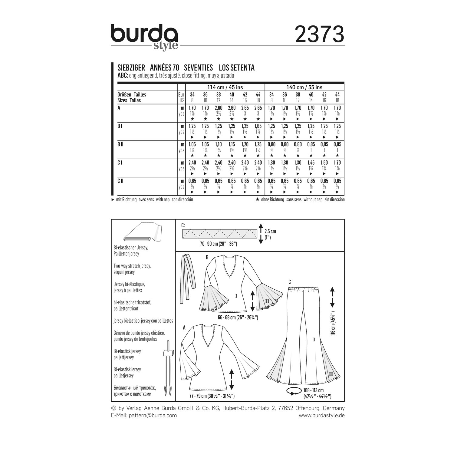 burda style Schnittmuster 2373: Minikleid, Tunika und Hose im Siebzigerlook, Rückseite der Schnittmustertüte mit Stoffverbrauch