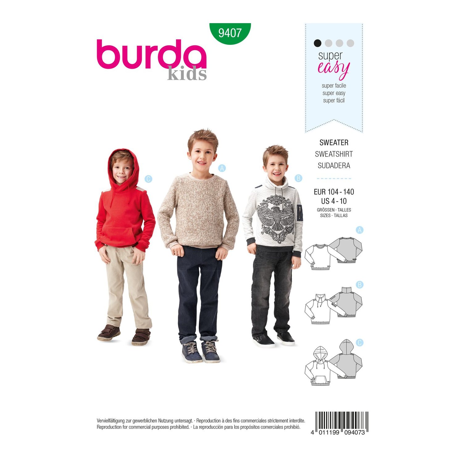 burda style Schnittmuster 9407: Pulli, Sweater und Hoodie, Vorderseite der Schnittmustertüte