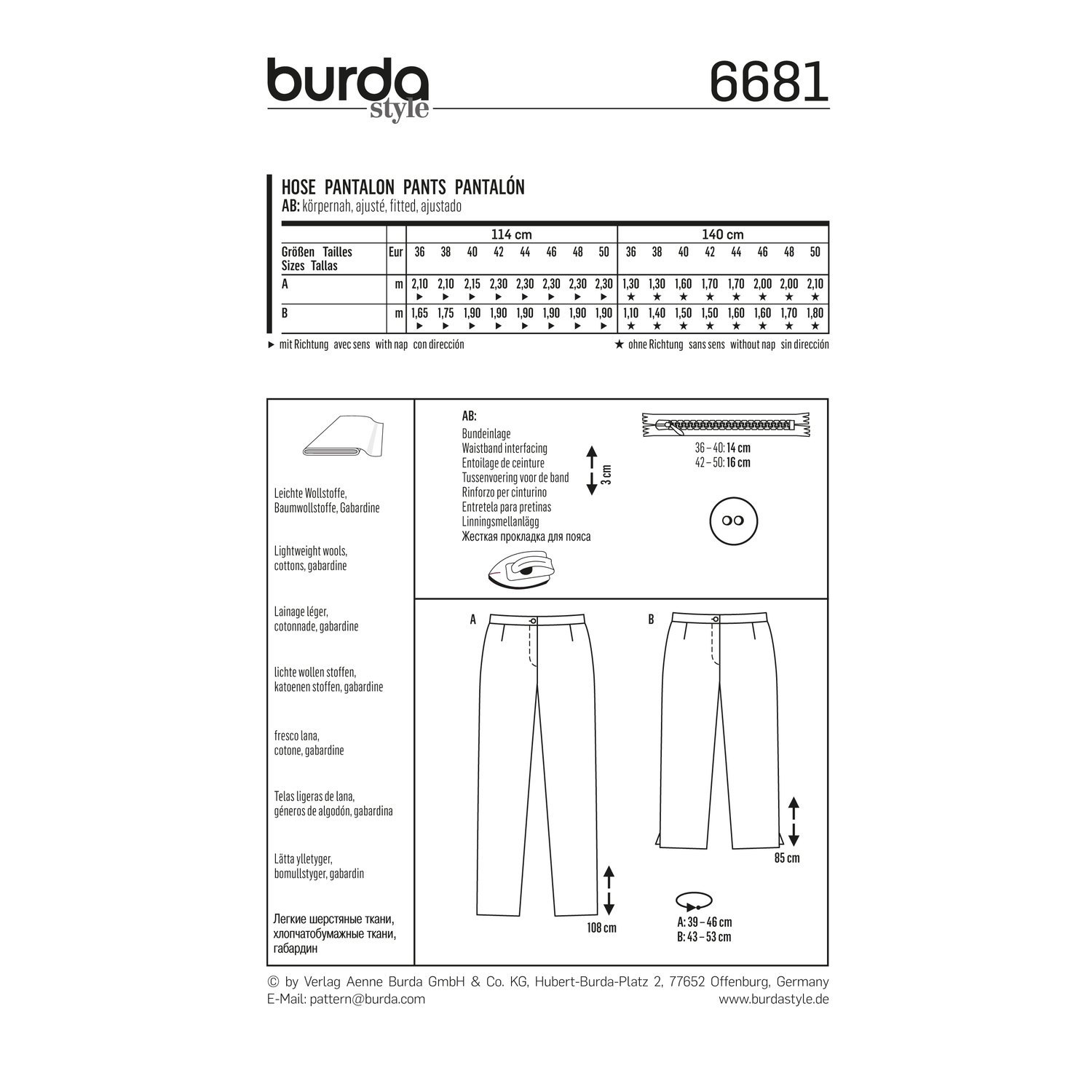 burda style Schnittmuster 6681: Schmale Hose in zwei Längen, Rückseite der Schnittmustertüte mit Stoffverbrauch