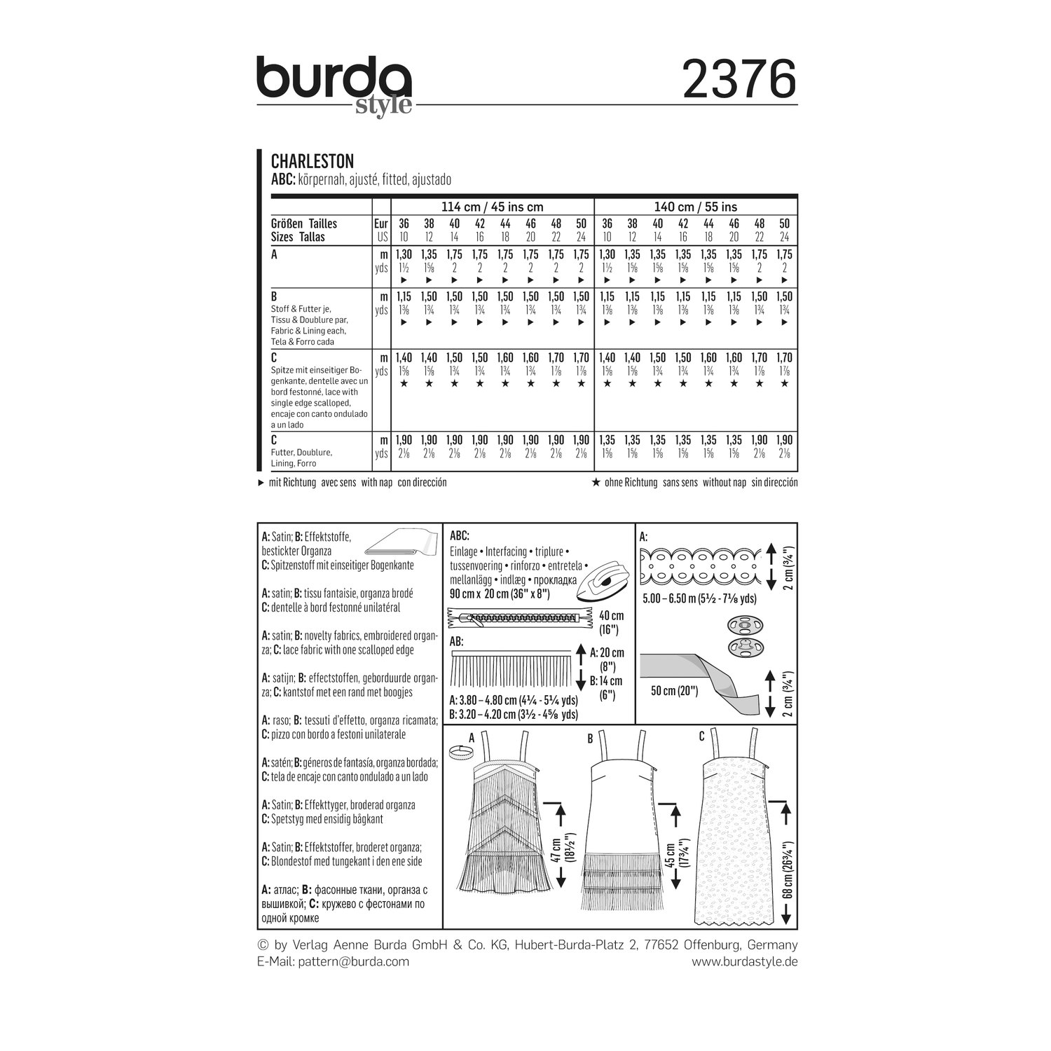 burda style Schnittmuster 2376: Trägerkleider im Charlestonstil, Rückseite der Schnittmustertüte mit Stoffverbrauch