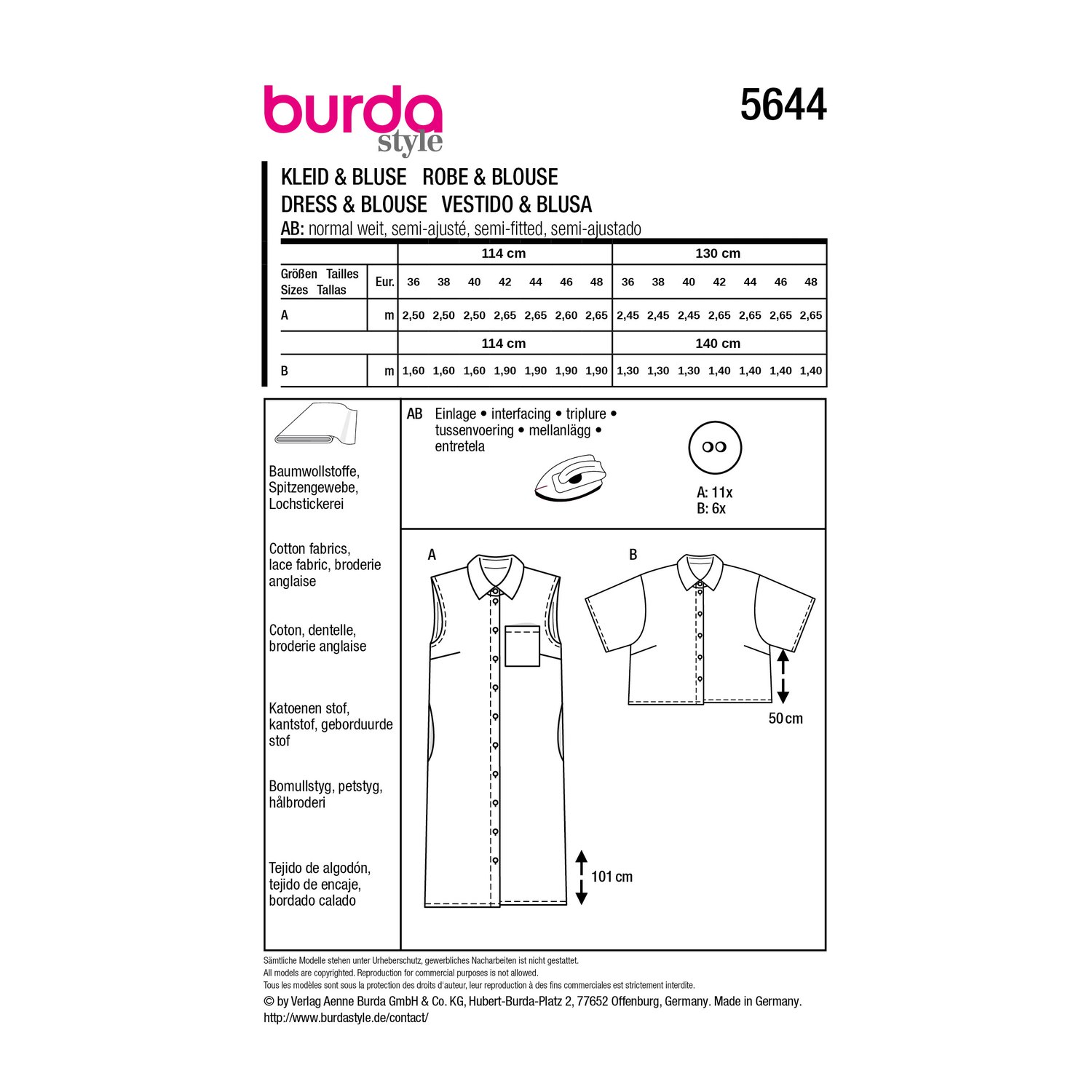 burda style Schnittmuster 5644: Hemdblusenkleid und kastige Bluse, Rückseite der Schnittmustertüte mit Stoffverbrauch