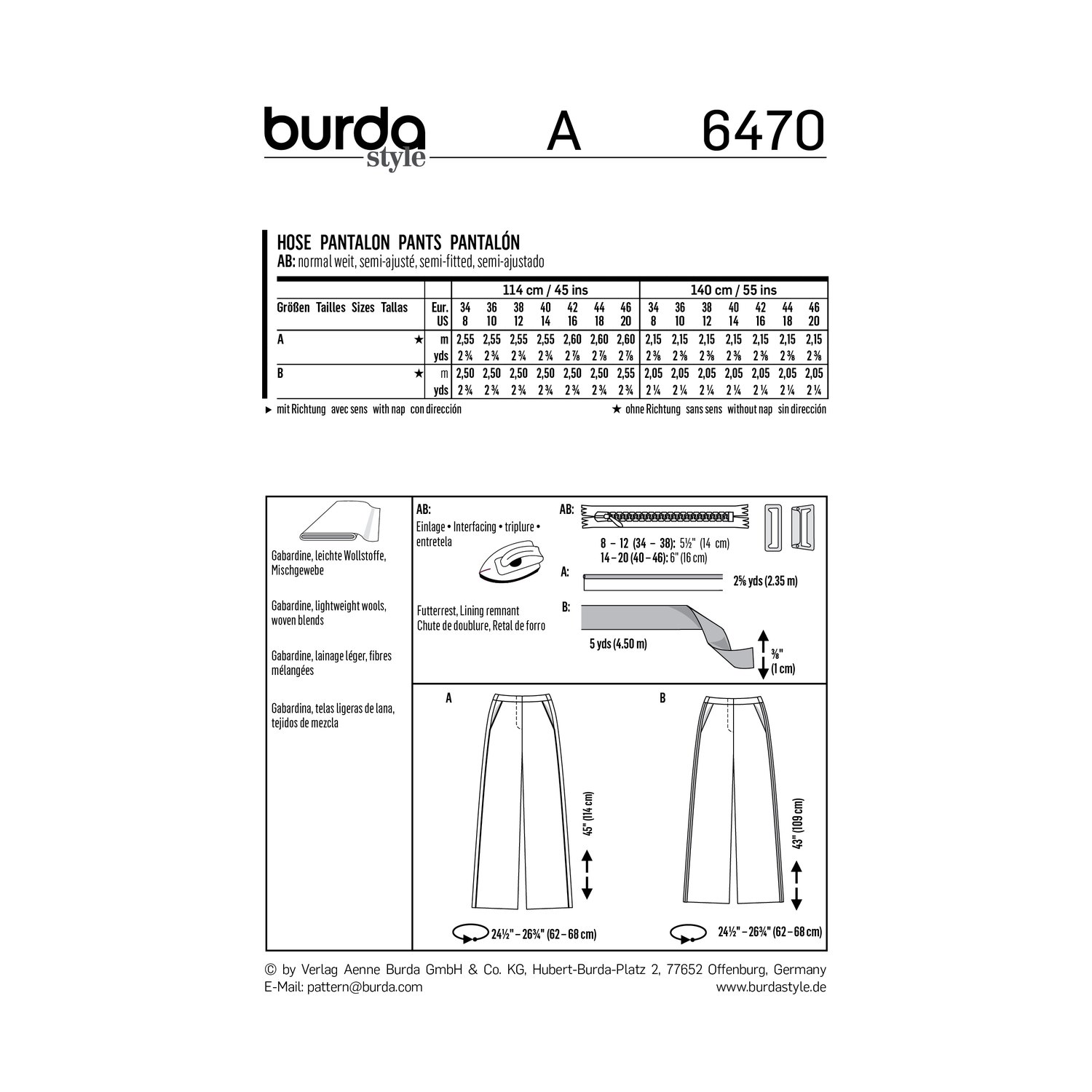 burda style Schnittmuster 6470: Marlenehose mit betonten Seitennähten, Rückseite der Schnittmustertüte mit Stoffverbrauch