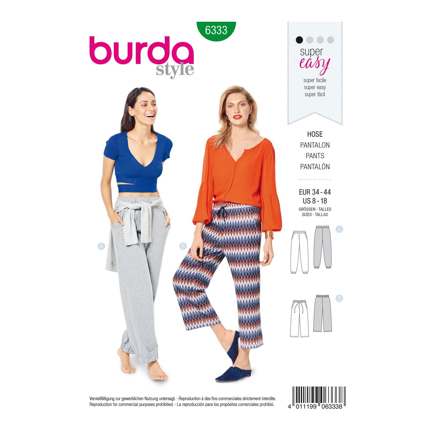 burda style Schnittmuster 6333: Jogginghose und Palazzohose, Vorderseite der Schnittmustertüte