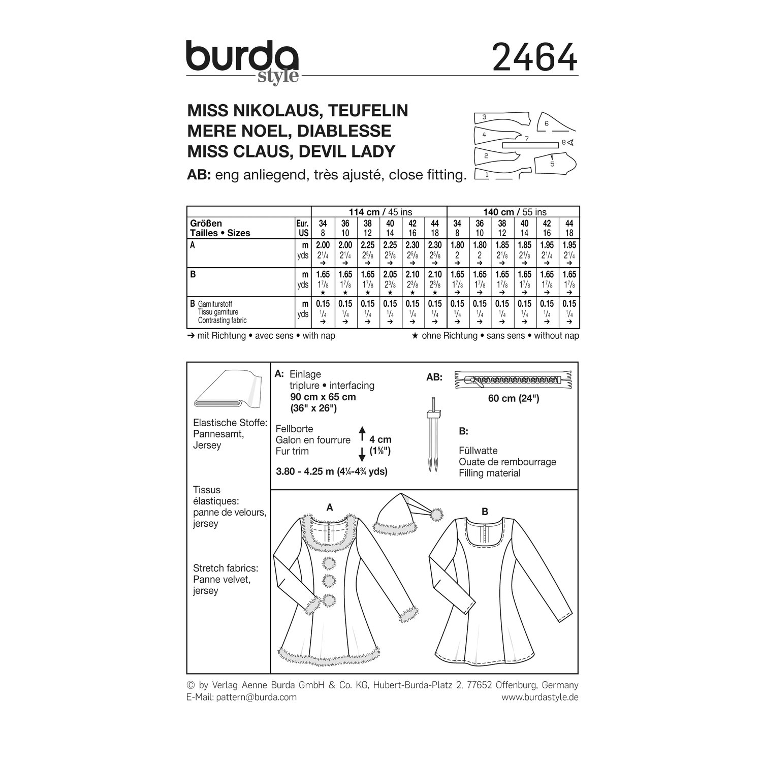 burda style Schnittmuster 2464: Kostümkleider Nikolaus und Teufelin, Rückseite der Schnittmustertüte mit Stoffverbrauch