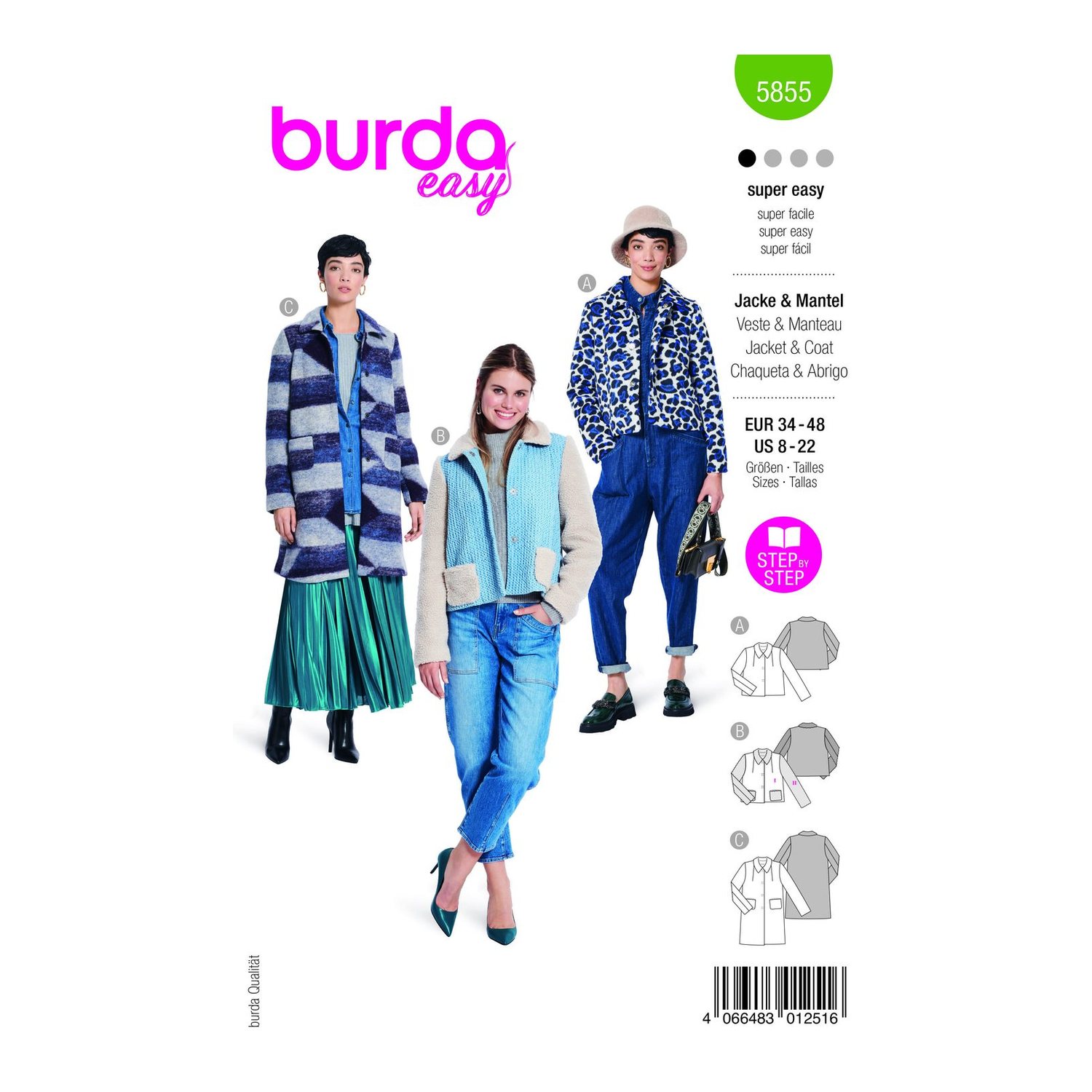 burda style Schnittmuster 5855: Jacken und Mantel zum Überziehen, Modellfoto 1