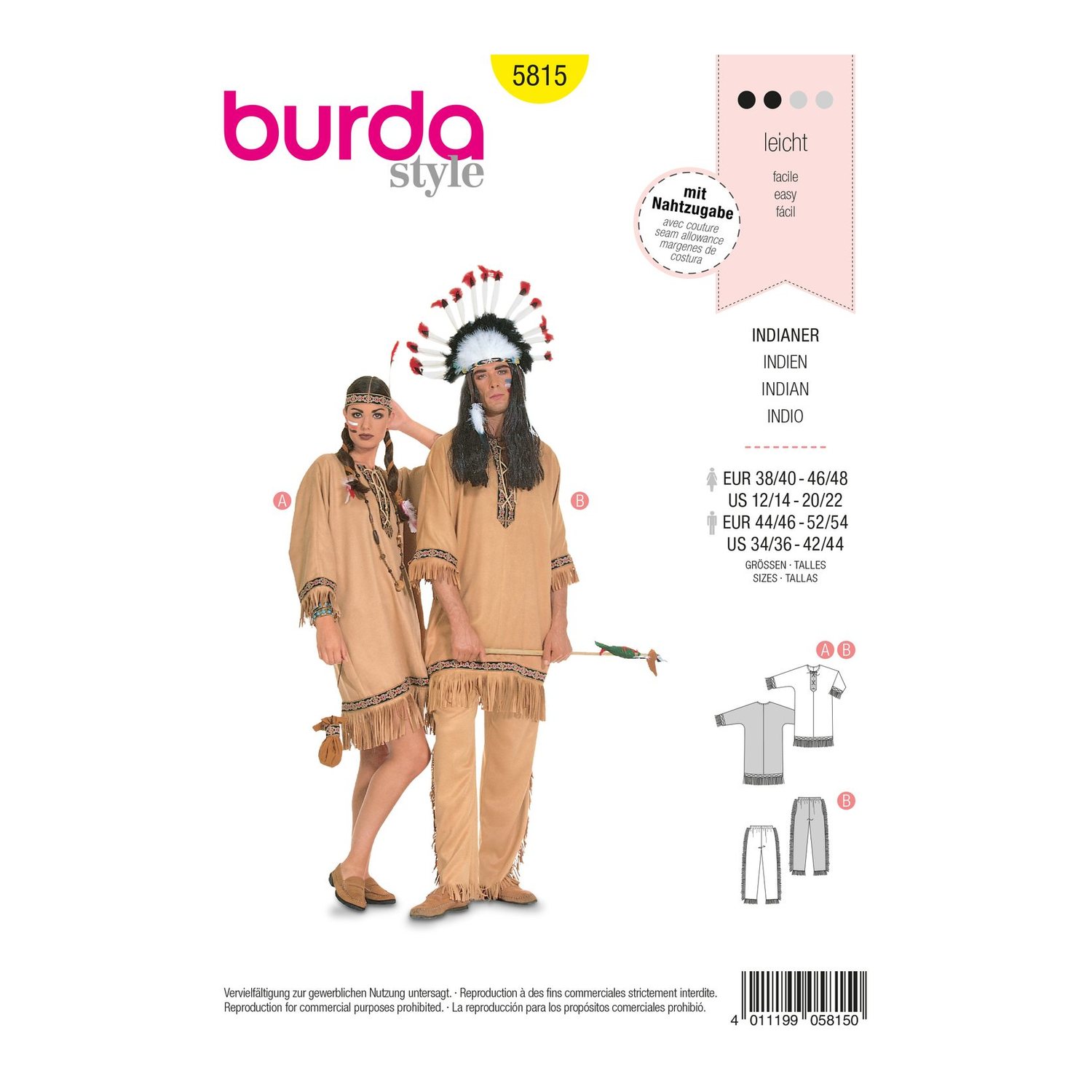 burda style Schnittmuster 5815: Indianer-Kostüme für Erwachsene, Vorderseite der Schnittmustertüte